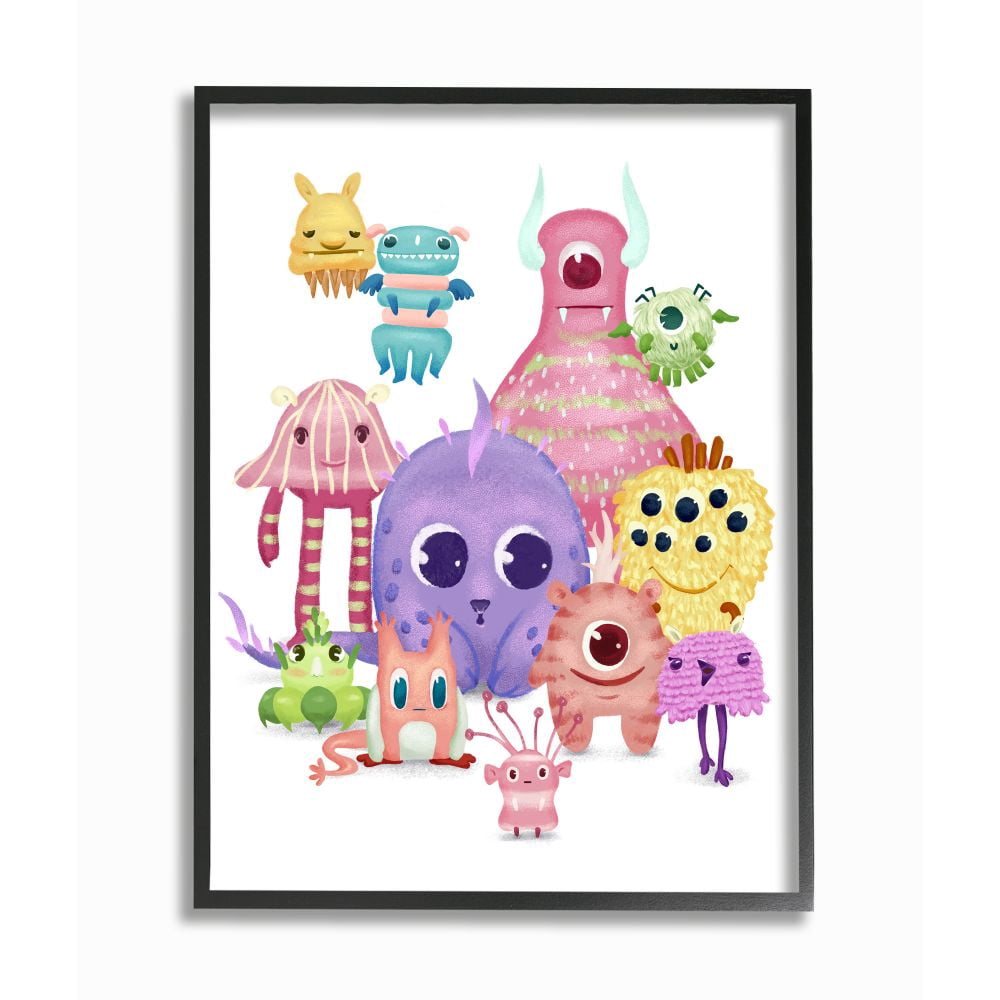 Stupell Industries Whimsical Fun Monsters Big Eyes Colorful Illustration Framed Wall Art Design by Ziwei Li, 16" x 20", Black Framed