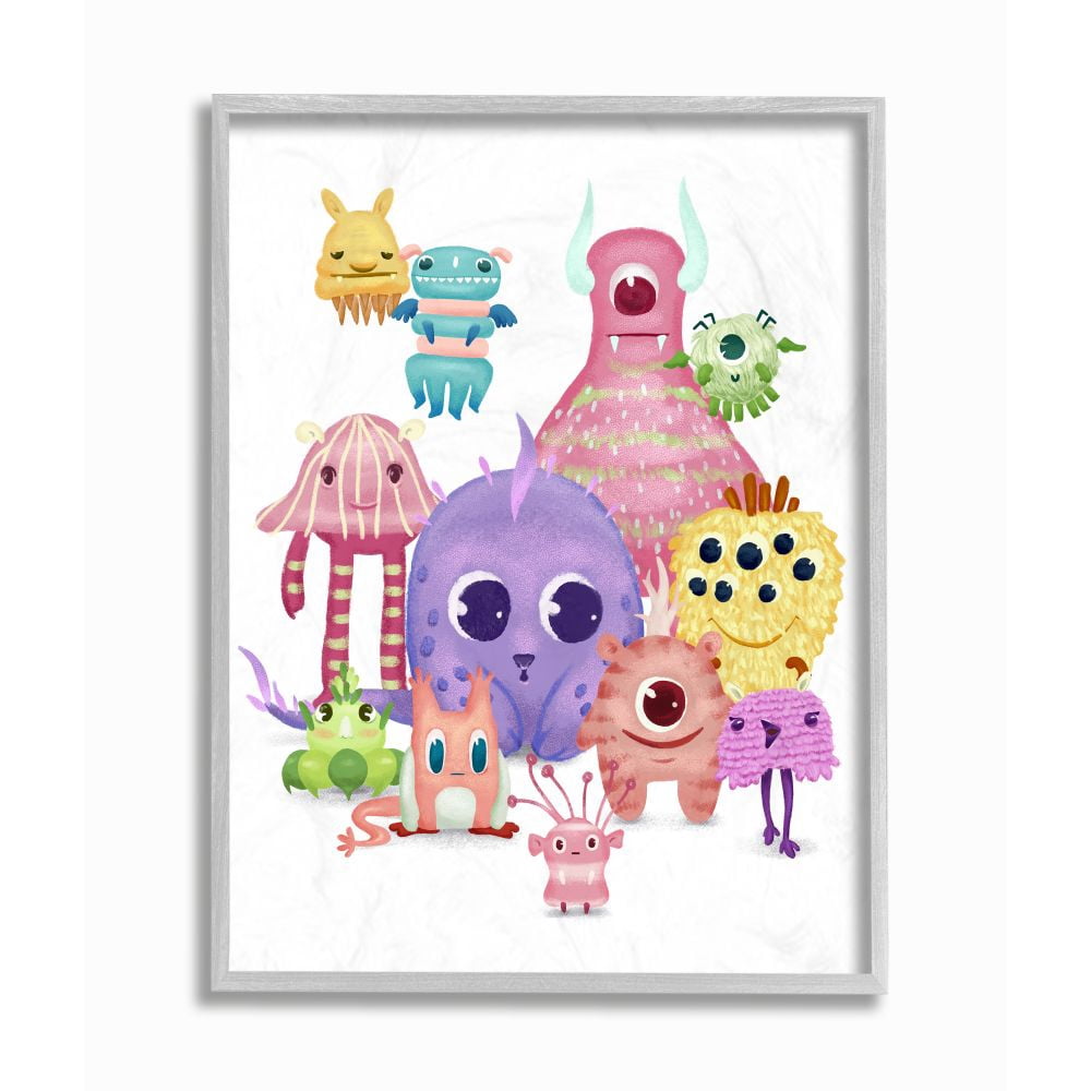Stupell Industries Whimsical Fun Monsters Big Eyes Colorful Illustration Framed Wall Art Design by Ziwei Li, 16" x 20", Gray Framed