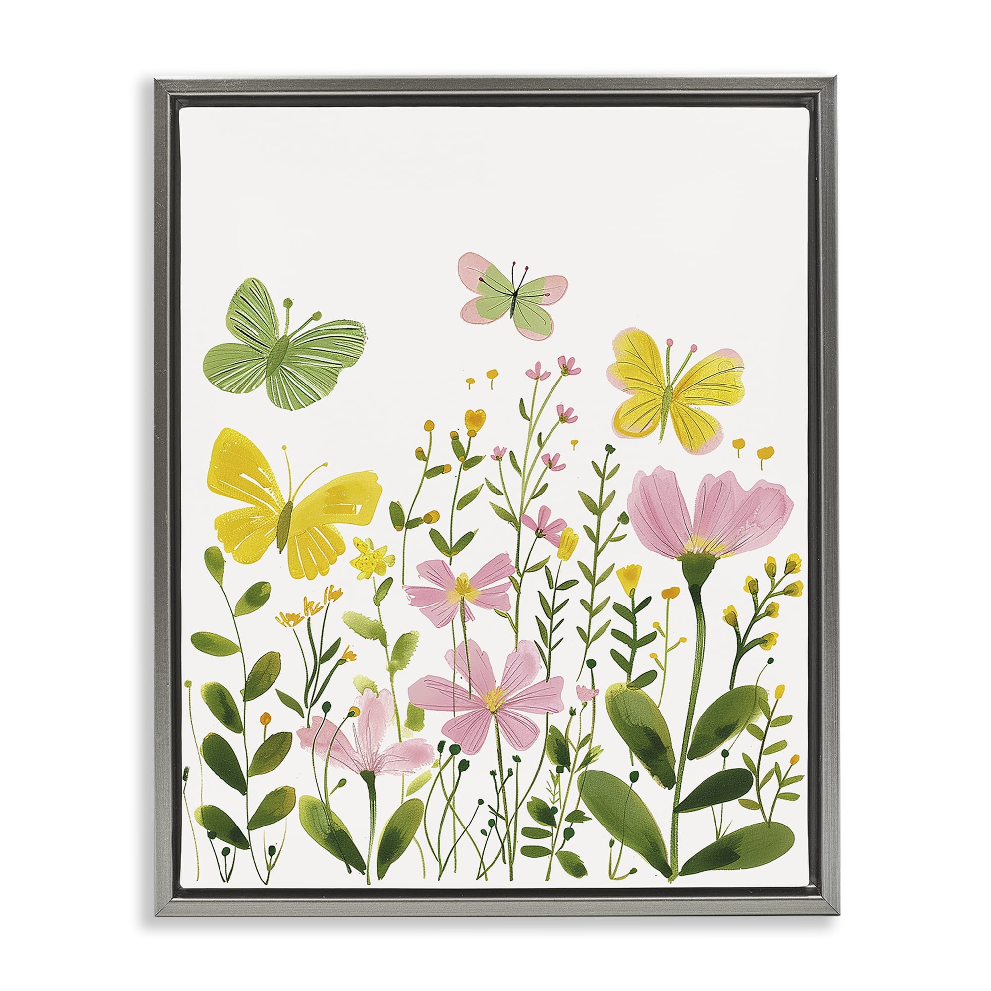 Stupell Industries Whimsical Garden Butterflies Plants & Flowers Painting Gray Floater Framed Canvas Art Print Wall Art, 17 x 21