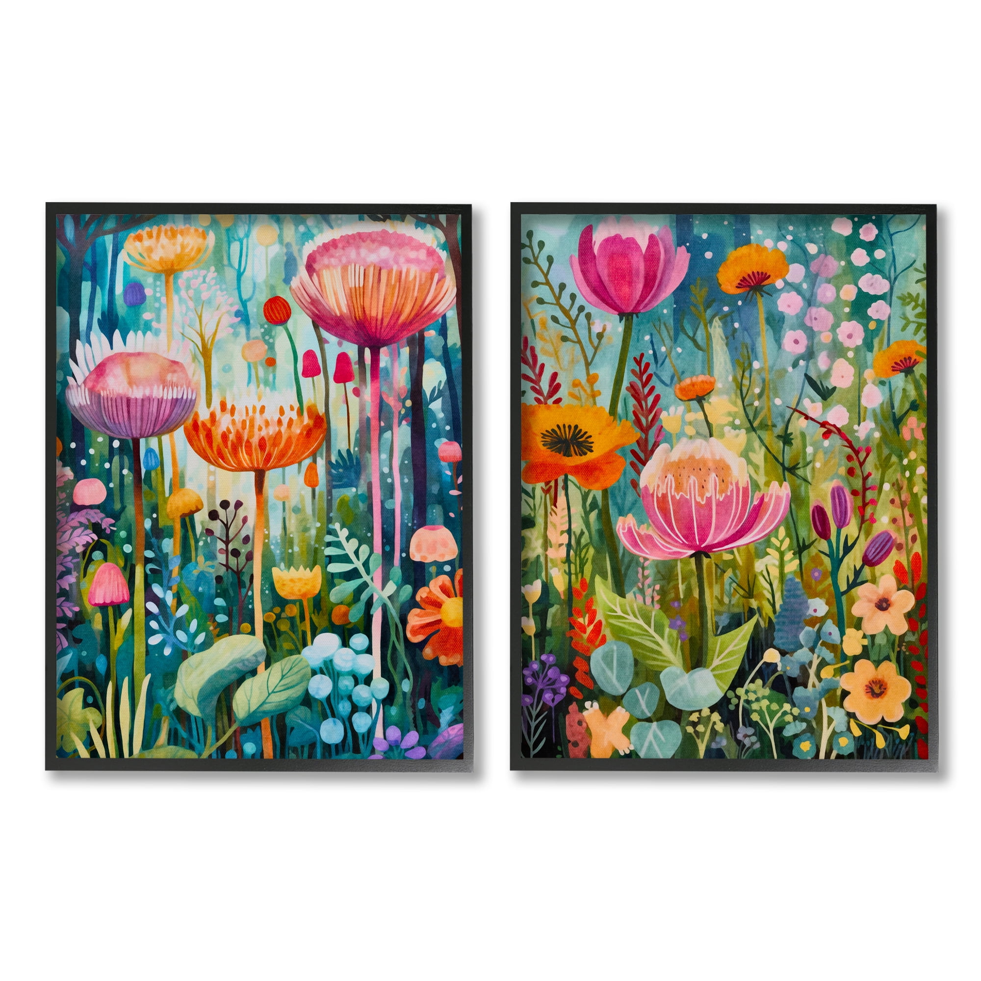 Stupell Industries Whimsical Gardens Landscape Botanical & Floral Painting Black Framed Art Print Wall Art, 16 x 20, Set of 2