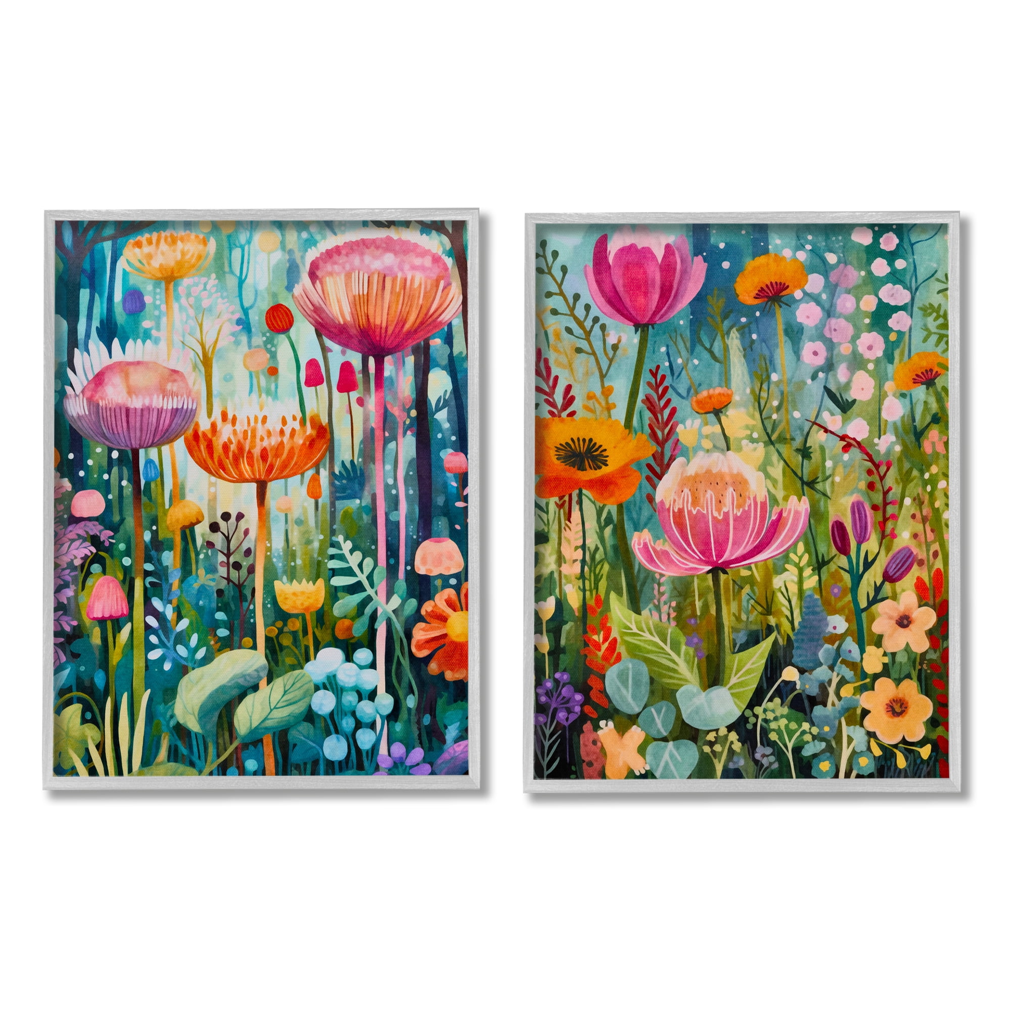 Stupell Industries Whimsical Gardens Landscape Botanical & Floral Painting Gray Framed Art Print Wall Art, 16 x 20, Set of 2