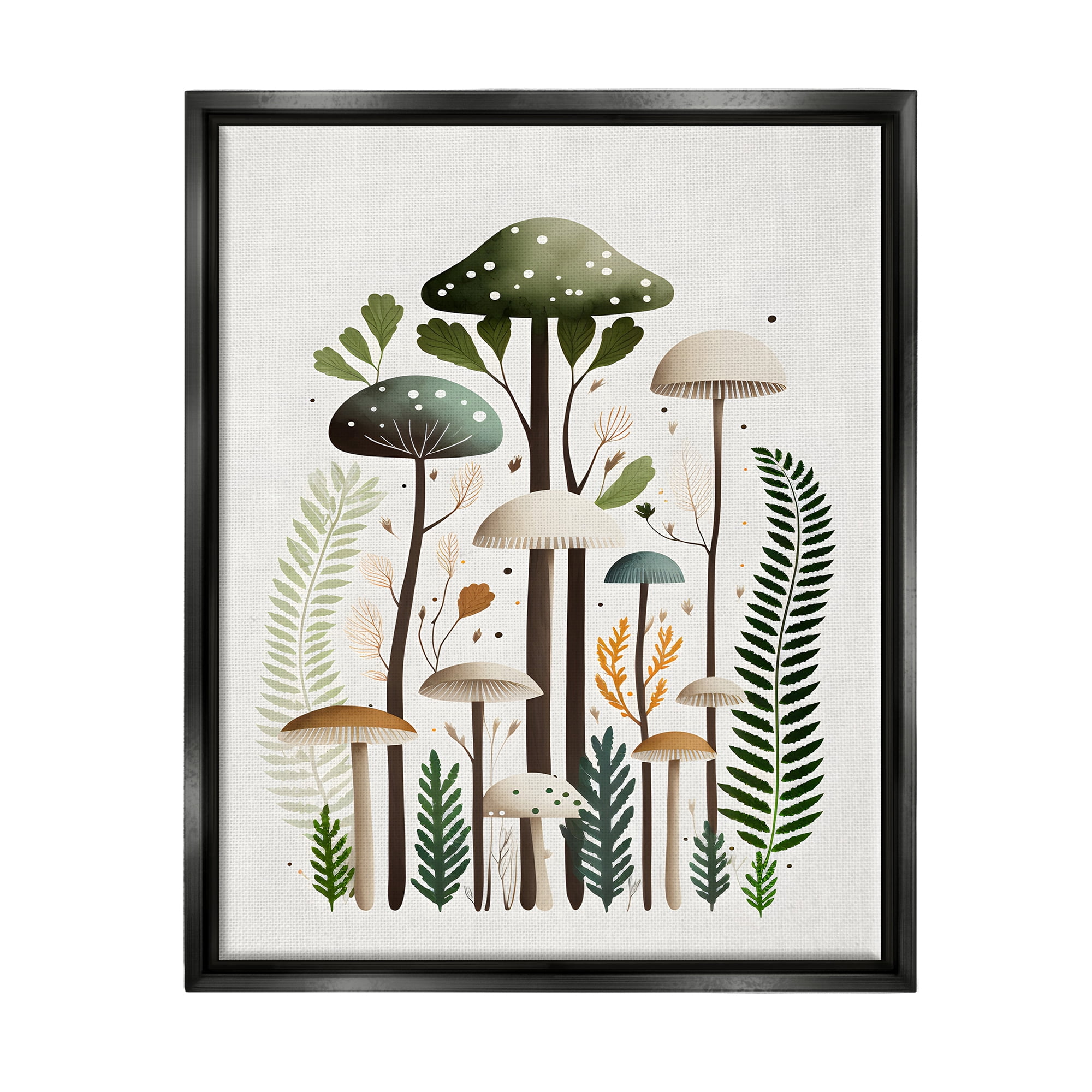 Stupell Industries Whimsical Green Mushrooms Botanical & Floral Painting Black Floater Framed Canvas Art Print Wall Art, 25 x 31