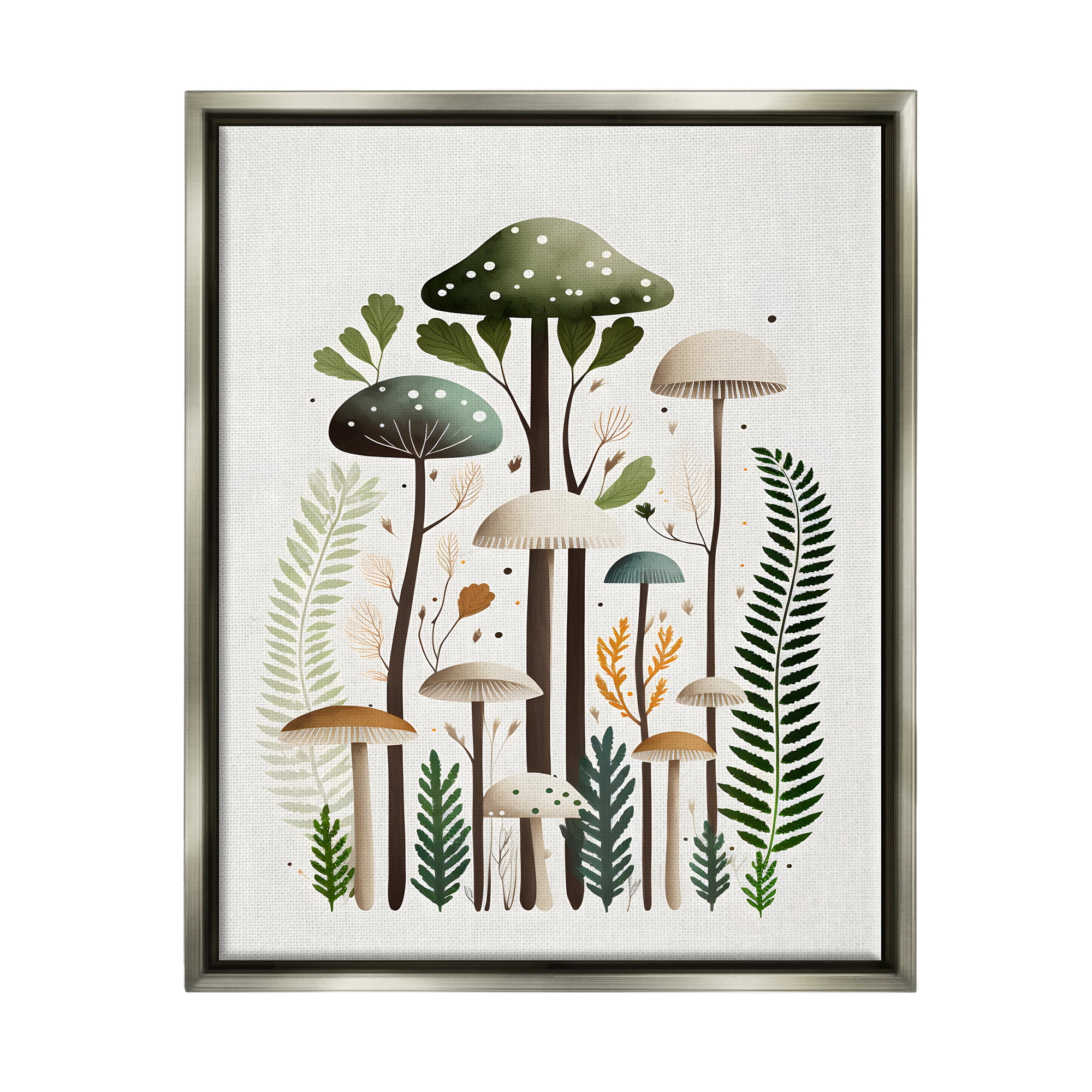 Stupell Industries Whimsical Green Mushrooms Botanical & Floral Painting Gray Floater Framed Canvas Art Print Wall Art, 17 x 21