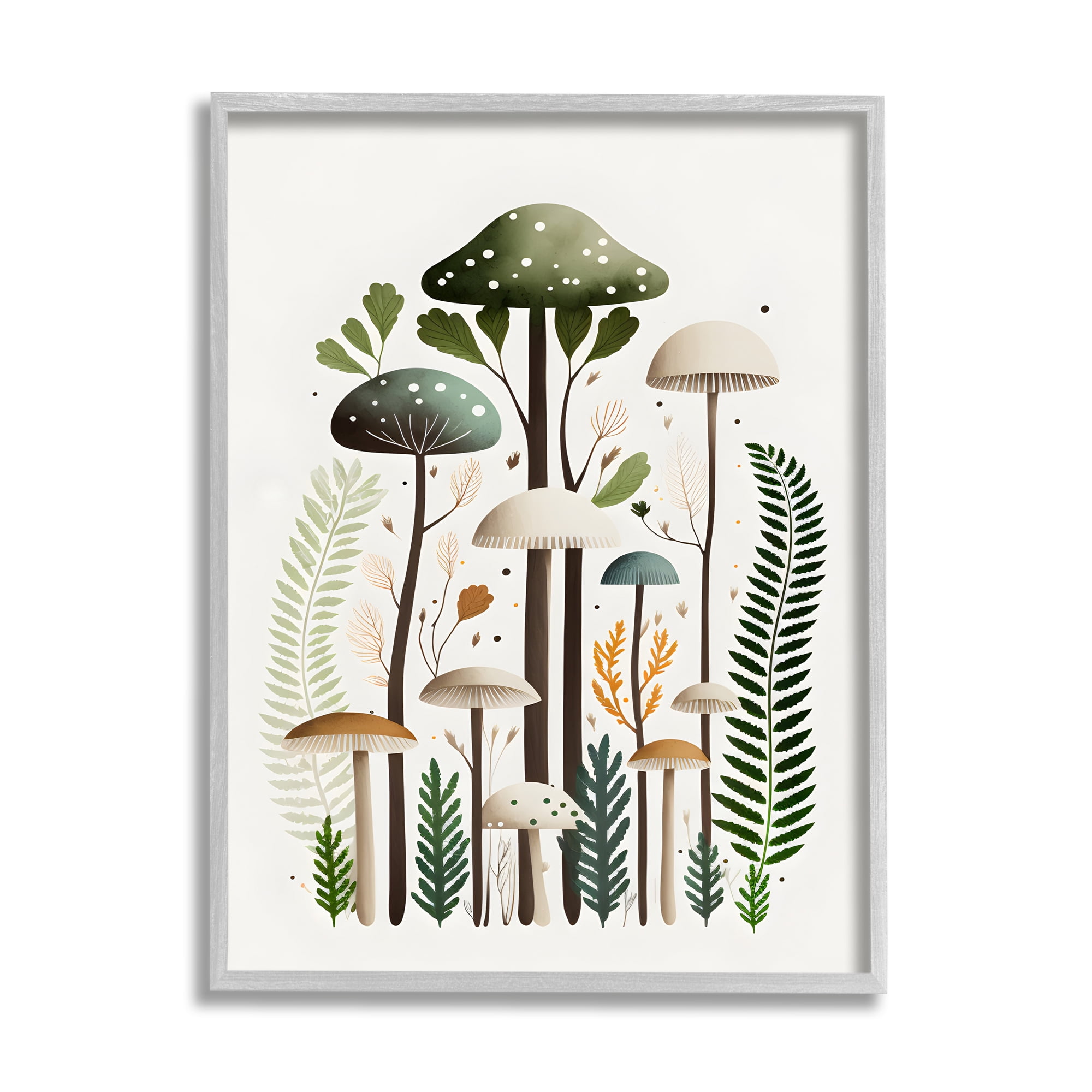 Stupell Industries Whimsical Green Mushrooms Botanical & Floral Painting Gray Framed Art Print Wall Art, 11 x 14