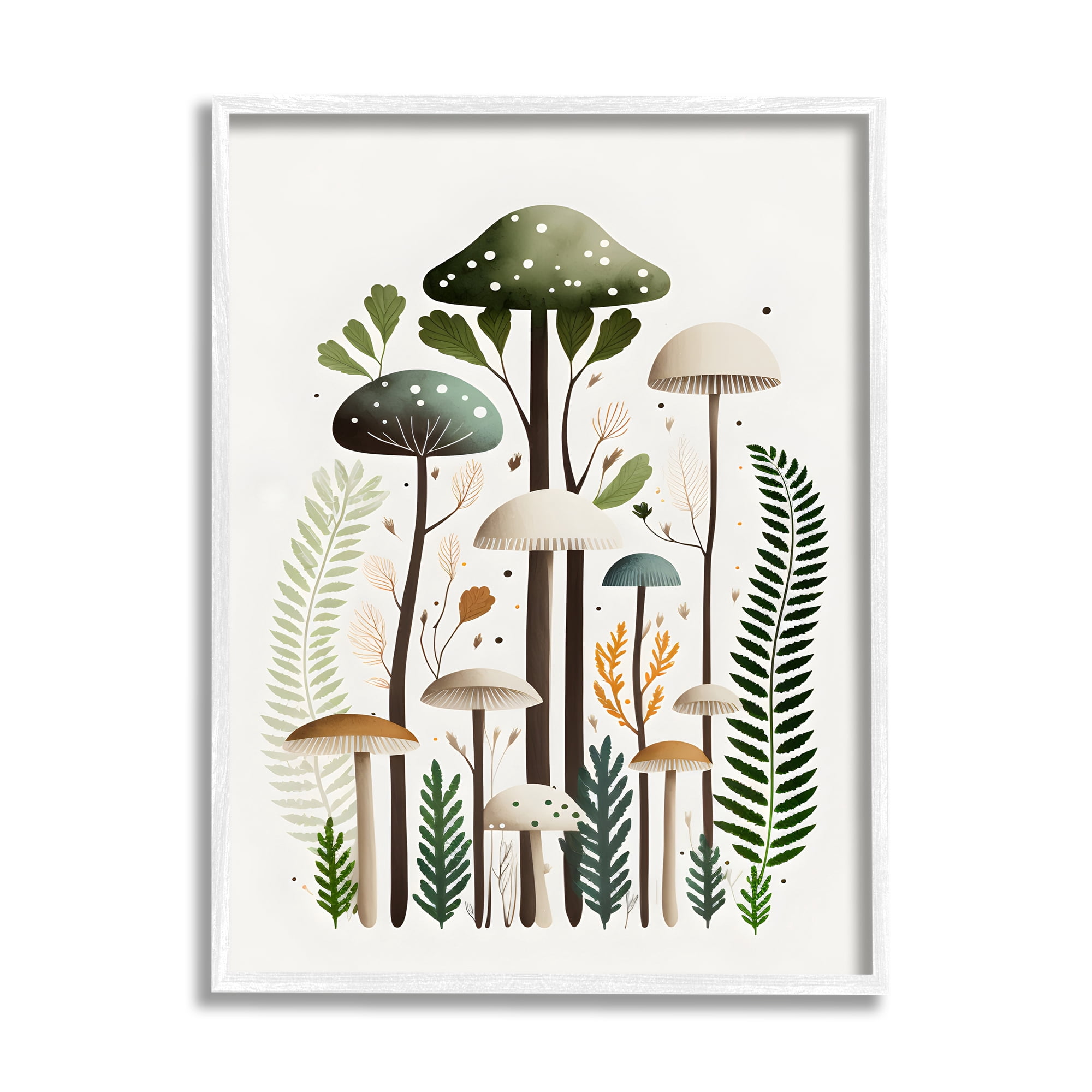 Stupell Industries Whimsical Green Mushrooms Botanical & Floral Painting White Framed Art Print Wall Art, 16 x 20