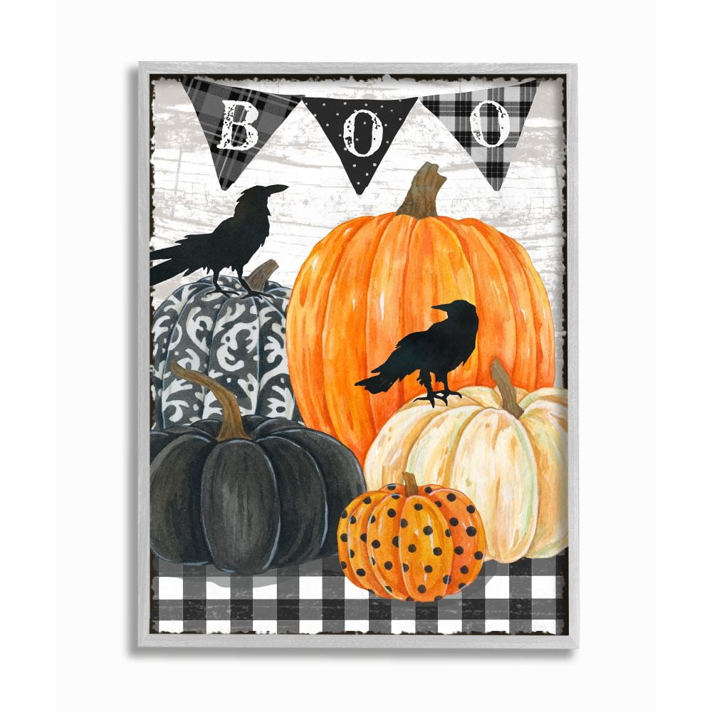 Stupell Industries Whimsical Halloween Scene Farm Table Pumpkin Crows Framed Wall Art Design by Andrea Tachiera, 11" x 14", Gray Framed