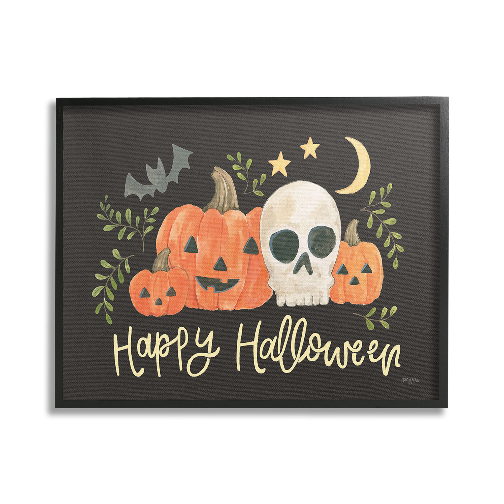 Stupell Industries Whimsical Happy Halloween Holiday Painting Black Framed Art Print Wall Art, 30 x 24
