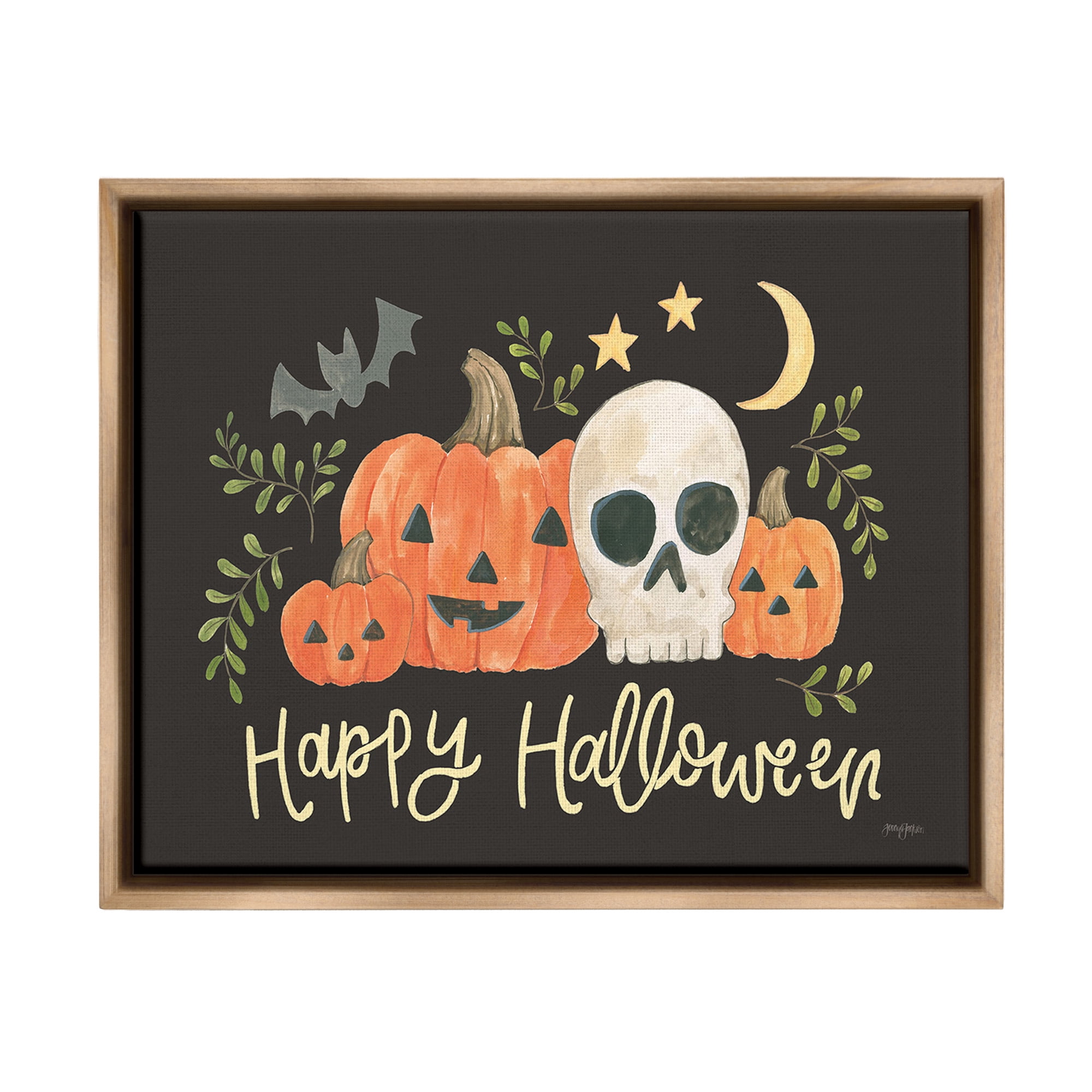 Stupell Industries Whimsical Happy Halloween Holiday Painting Brown Floater Framed Canvas Art Print Wall Art, 31 x 25