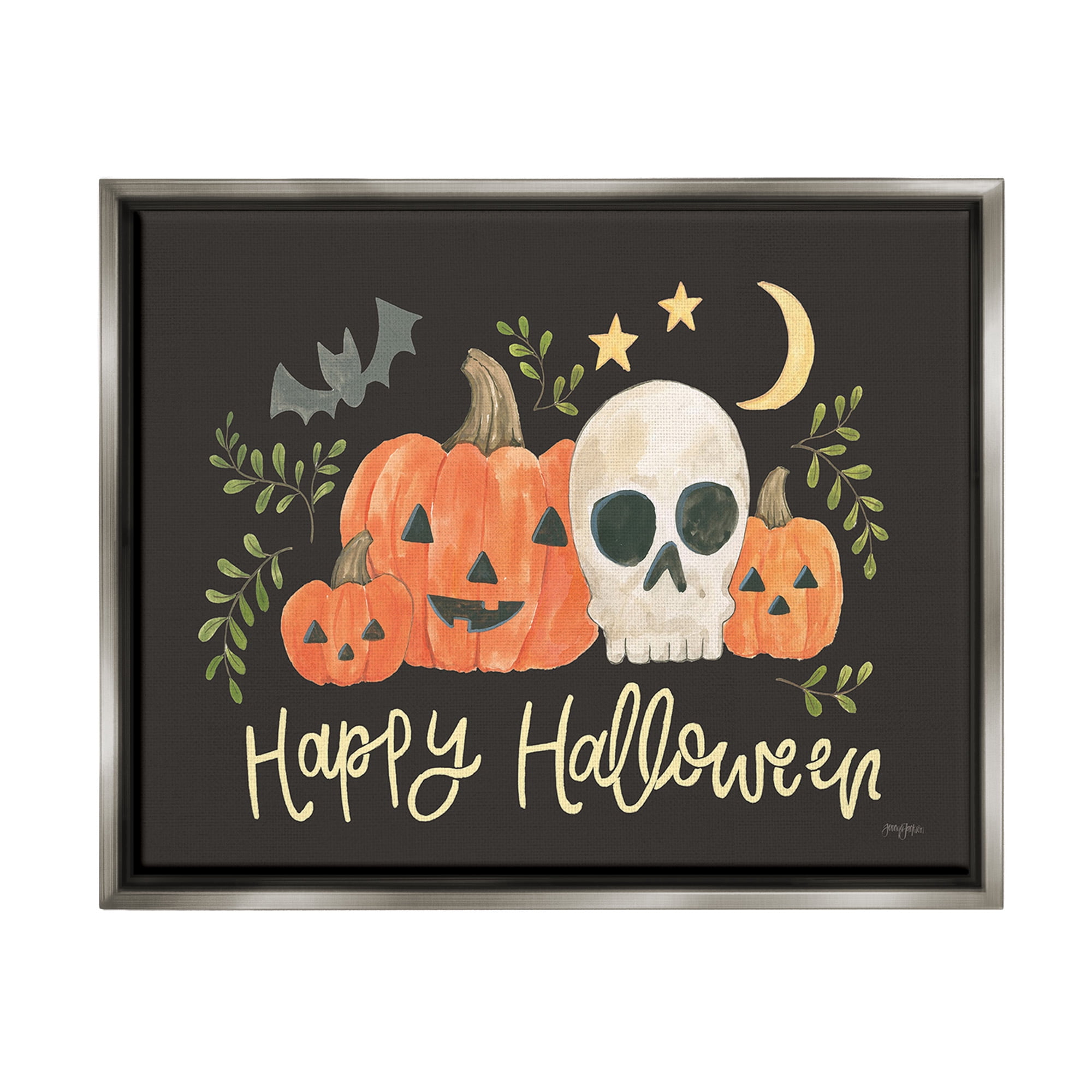 Stupell Industries Whimsical Happy Halloween Holiday Painting Gray Floater Framed Canvas Art Print Wall Art, 31 x 25