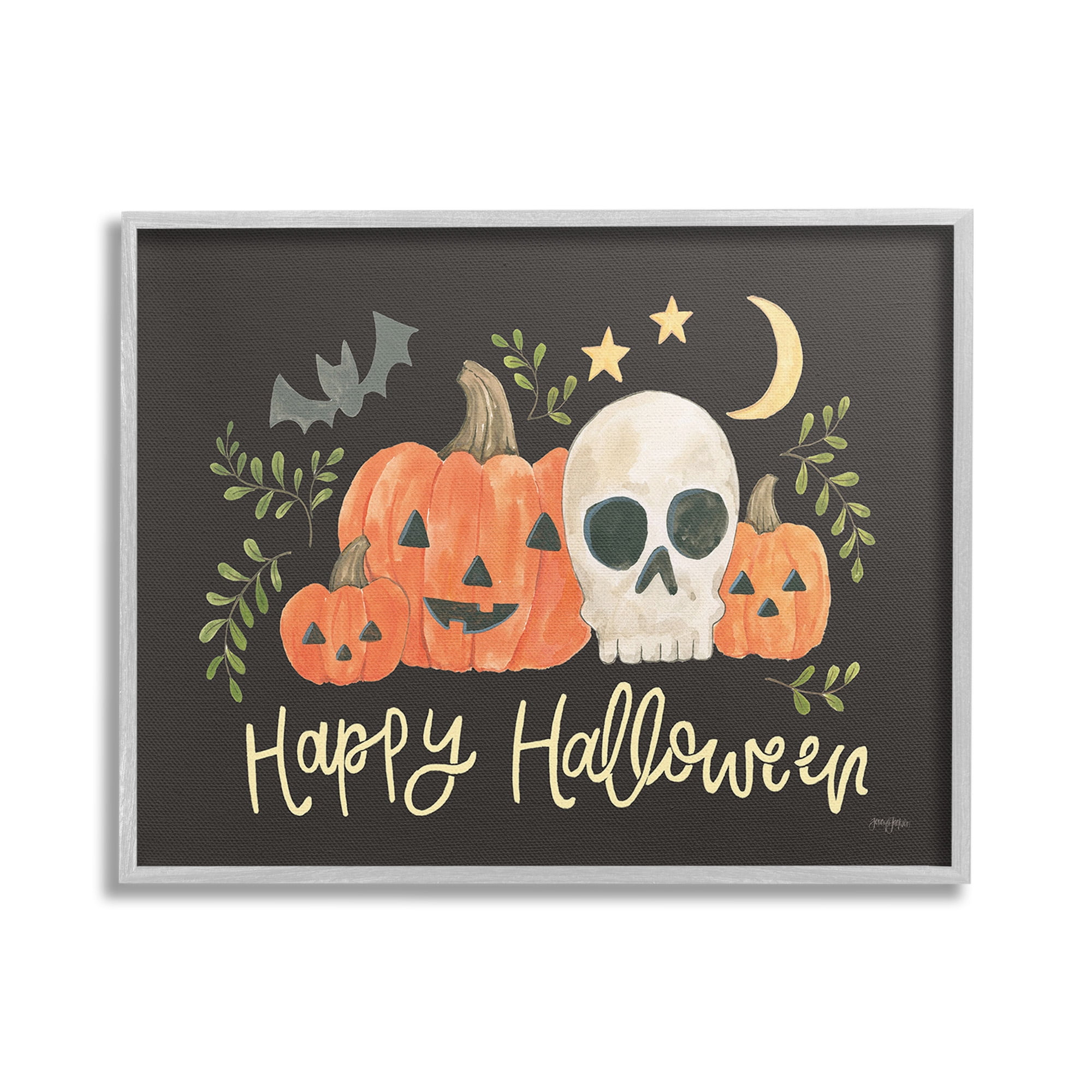 Stupell Industries Whimsical Happy Halloween Holiday Painting Gray Framed Art Print Wall Art, 30 x 24