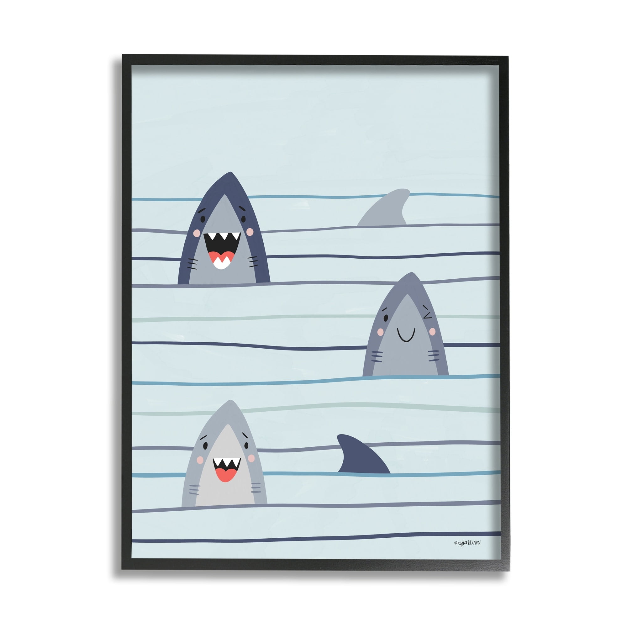Stupell Industries Whimsical Happy Sharks Swimming Ocean Line Pattern, 11 x 14, Design by Kyra Brown