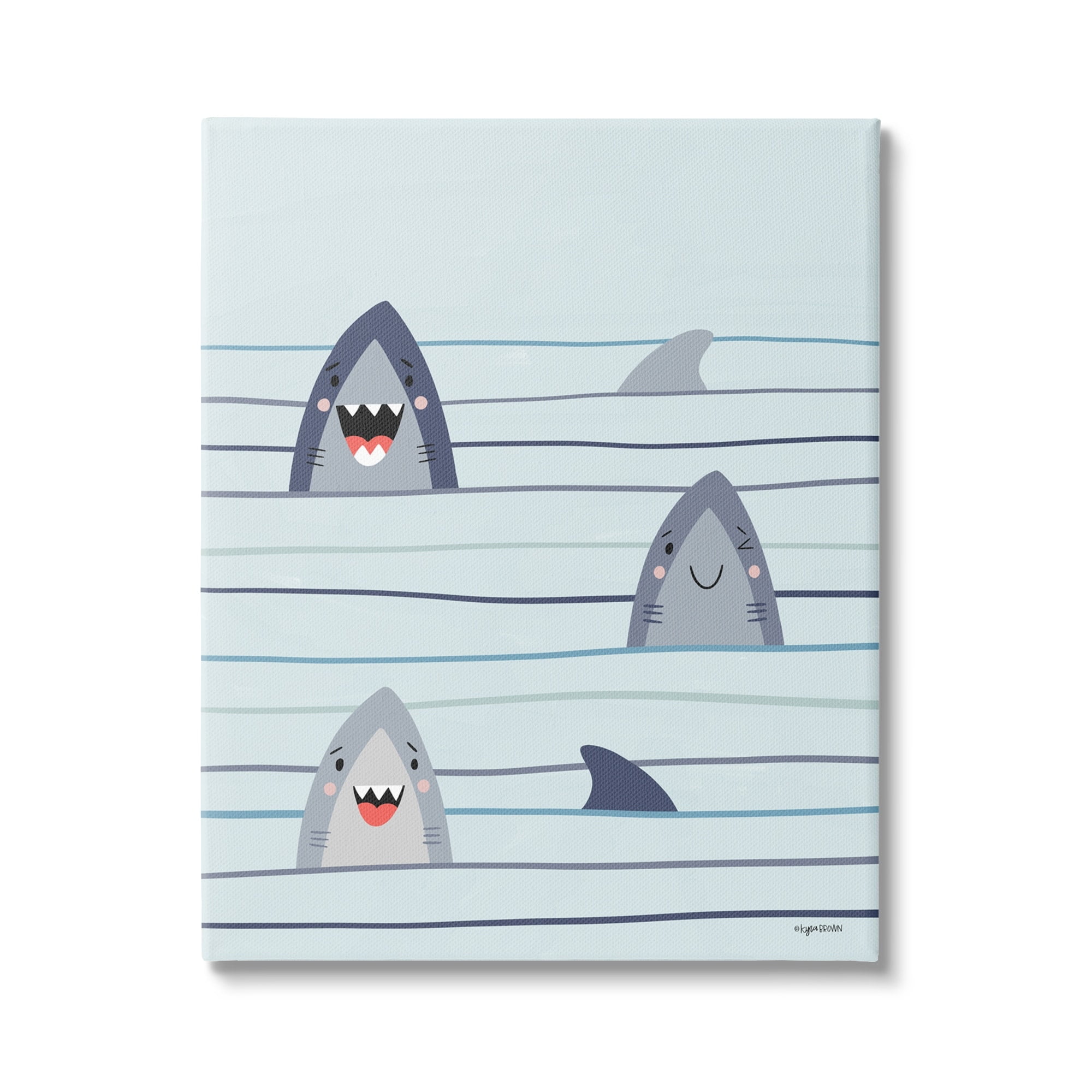 Stupell Industries Whimsical Happy Sharks Swimming Ocean Line Pattern, 16 x 20, Design by Kyra Brown