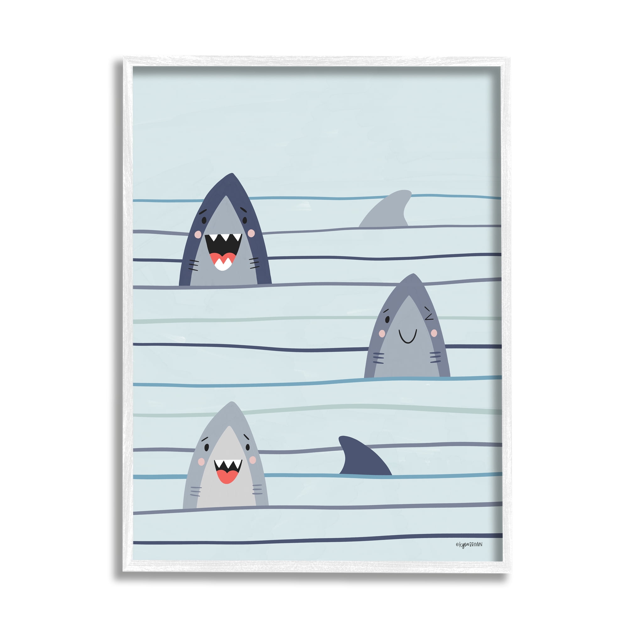 Stupell Industries Whimsical Happy Sharks Swimming Ocean Line Pattern, 16 x 20, Design by Kyra Brown
