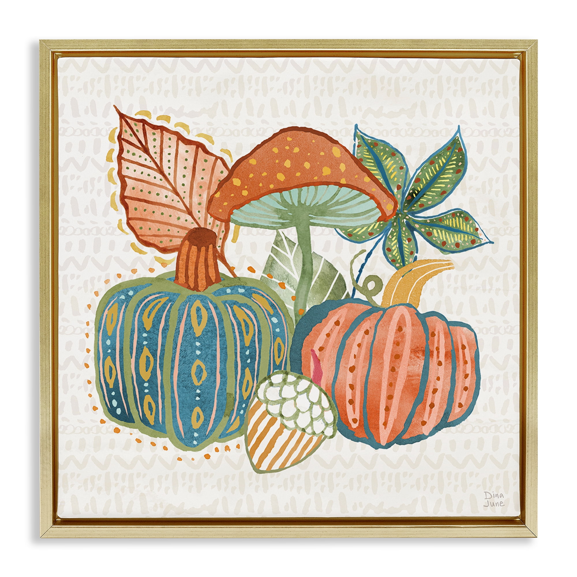 Stupell Industries Whimsical Harvest Gourds Holiday Painting Gold Floater Framed Canvas Art Prints Wall Art, 25 x 25