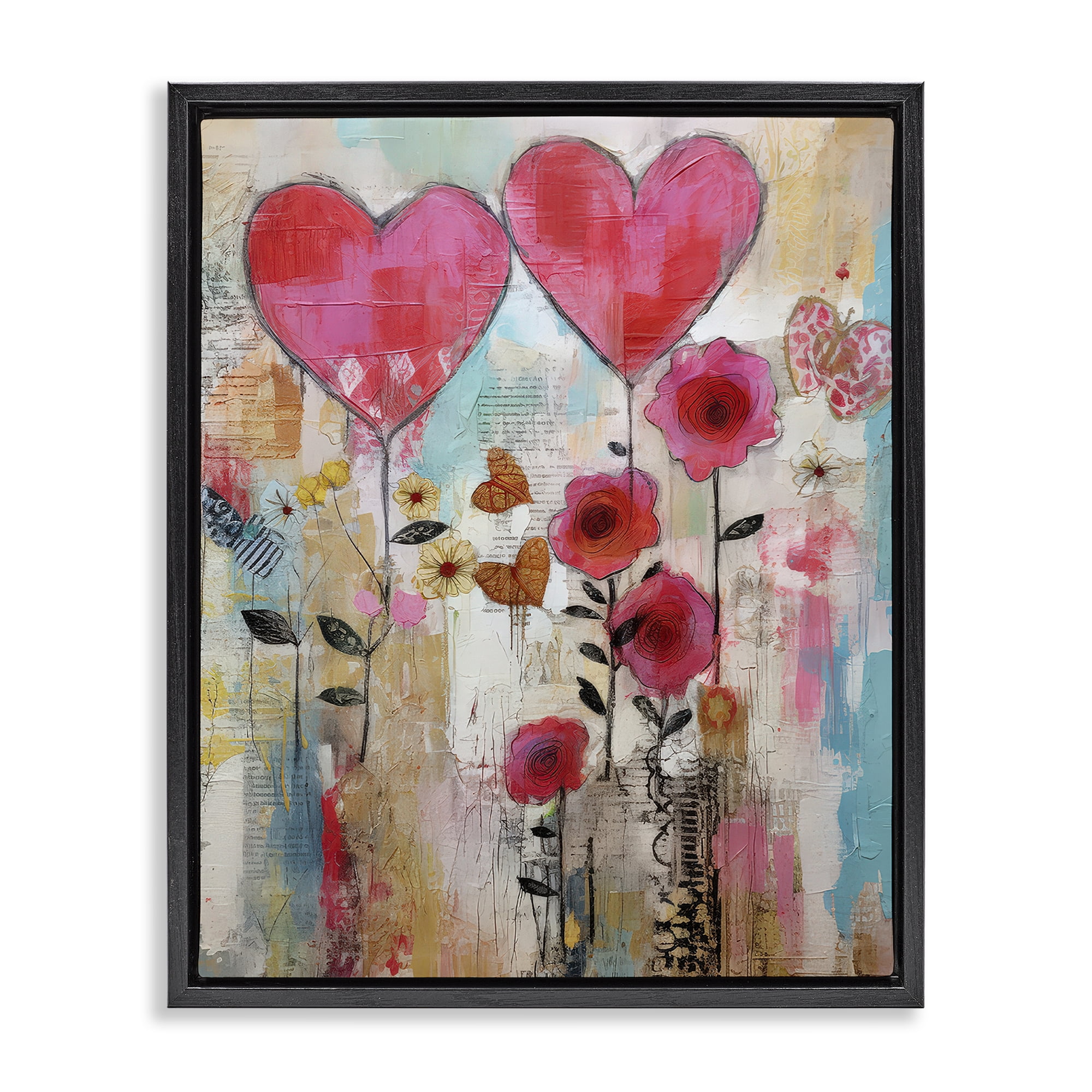 Stupell Industries Whimsical Hearts & Garden Abstract Painting Black Floater Framed Canvas Art Print Wall Art, 17 x 21