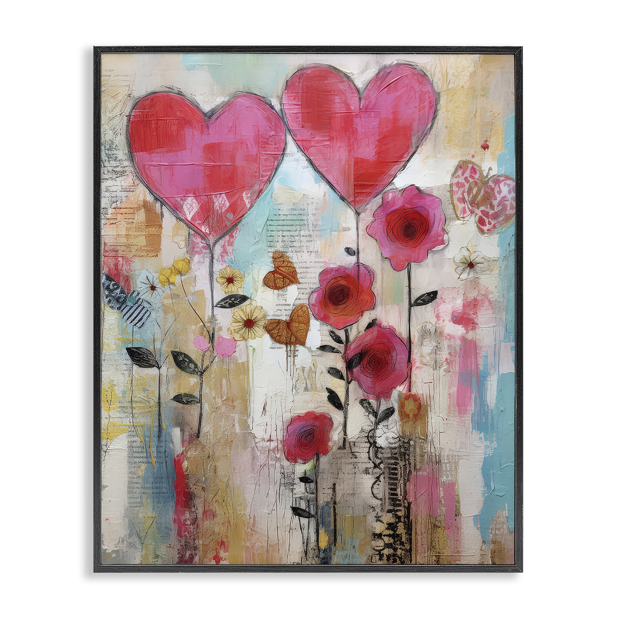 Stupell Industries Whimsical Hearts & Garden Abstract Painting Black Framed Art Print Wall Art, 24 x 30