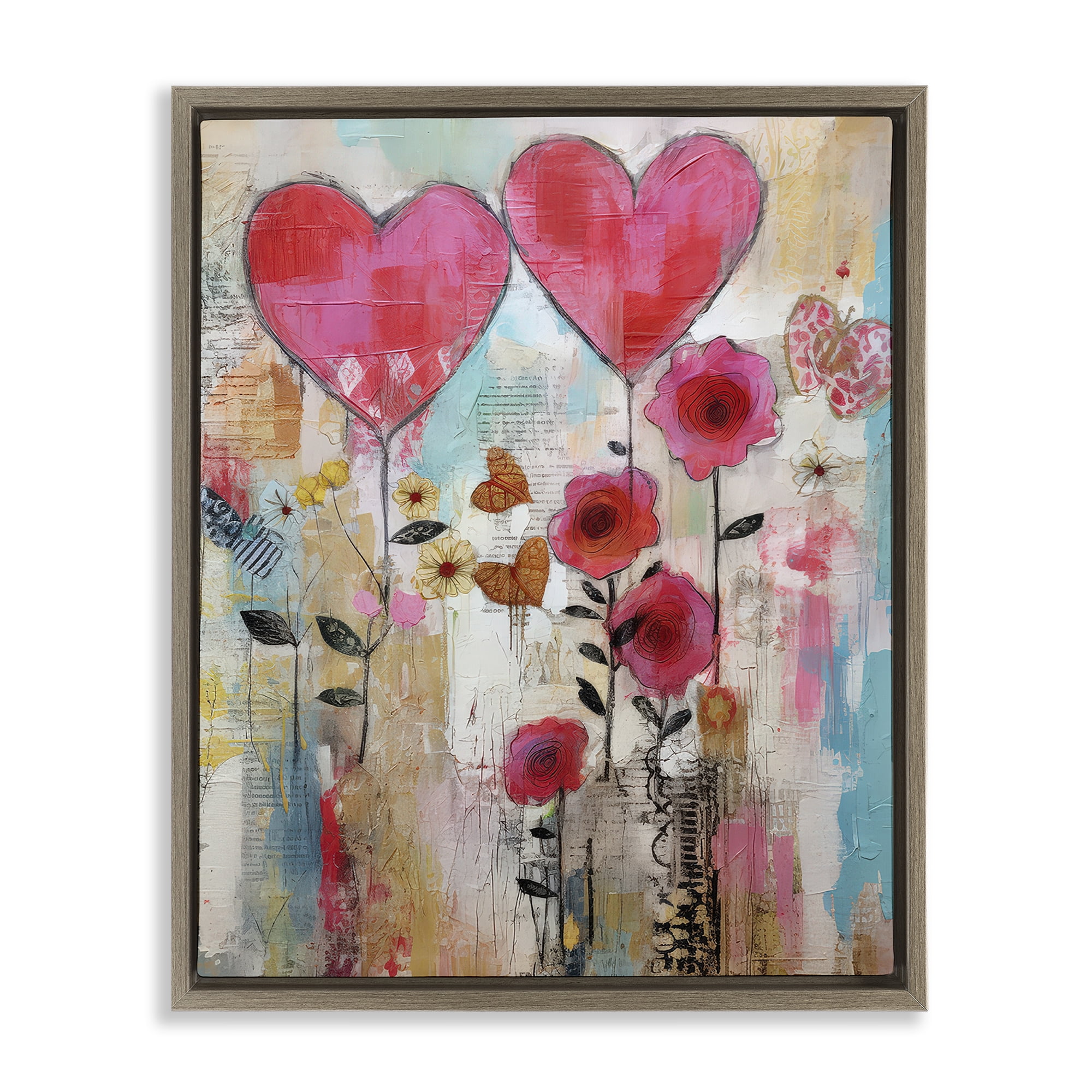 Stupell Industries Whimsical Hearts & Garden Abstract Painting Brown Floater Framed Canvas Art Print Wall Art, 25 x 31