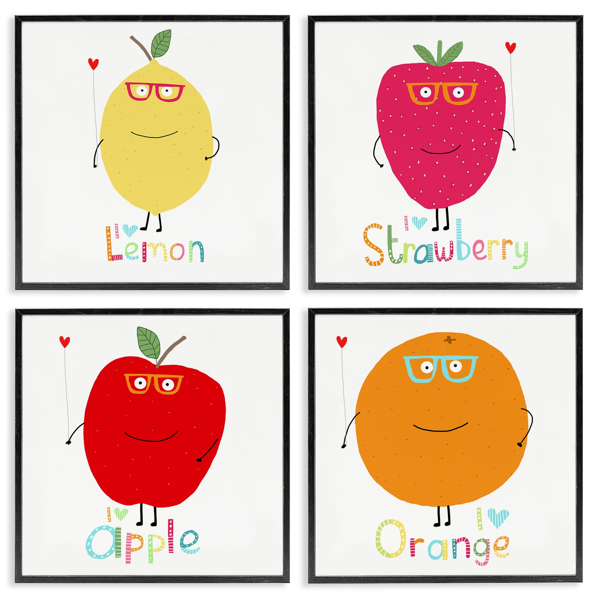 Stupell Industries Whimsical Hipster Fruits Food & Beverage Painting Black Framed Art Print Wall Art, 12 x 12, Set of 4