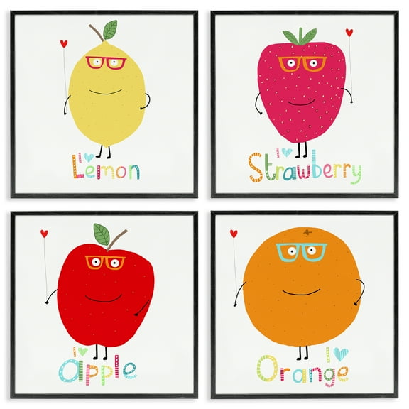 Stupell Industries Whimsical Hipster Fruits Food & Beverage Painting Black Framed Art Print Wall Art, 12 x 12, Set of 4