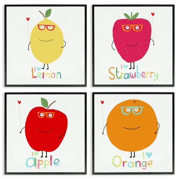 Stupell Industries Whimsical Hipster Fruits Food & Beverage Painting Black Framed Art Print Wall Art, 17 x 17, Set of 4