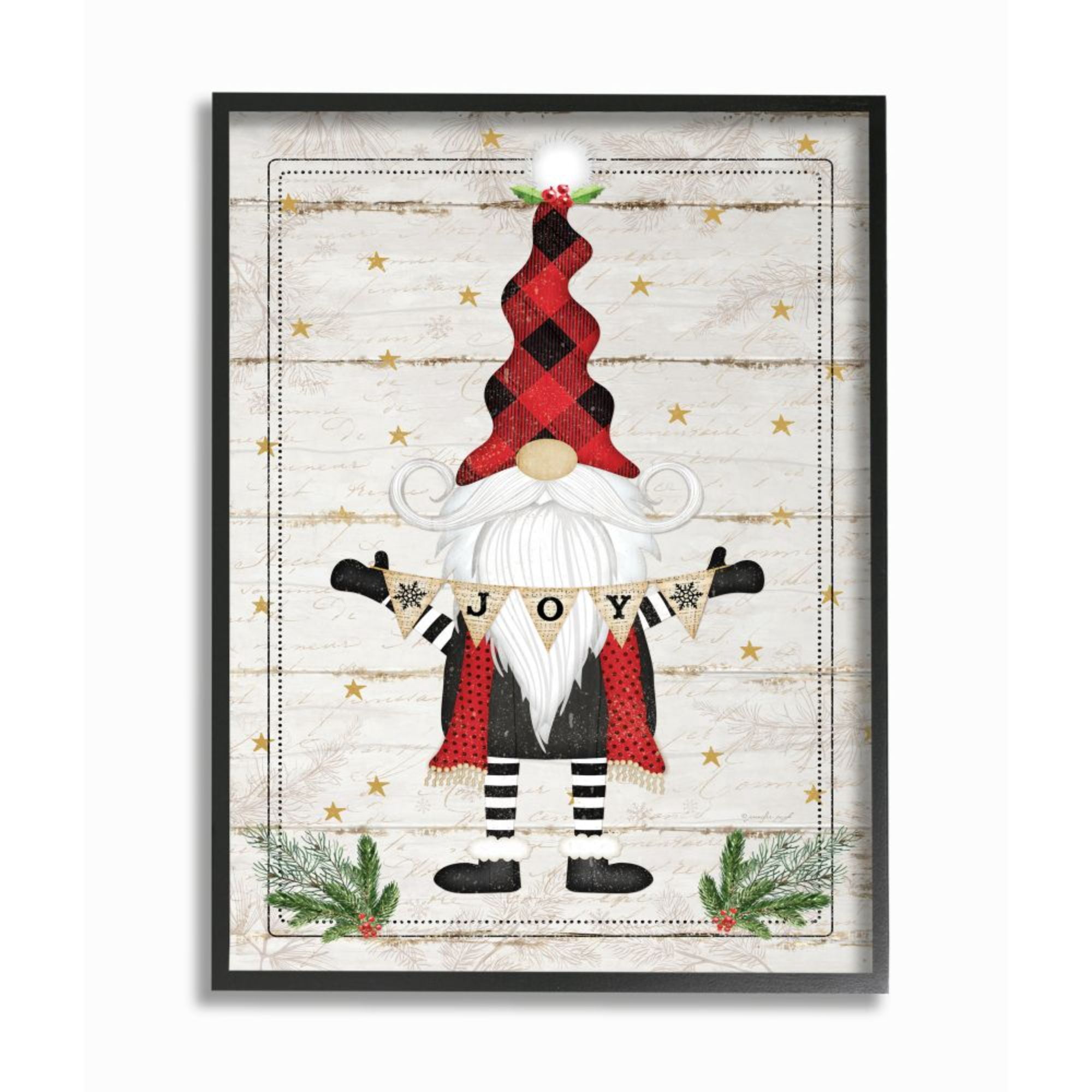 Stupell Industries Whimsical Holiday Gnome with Winter Joy Sentiments Graphic Art Black Framed Art Print Wall Art, 24x30, by Jennifer Pugh