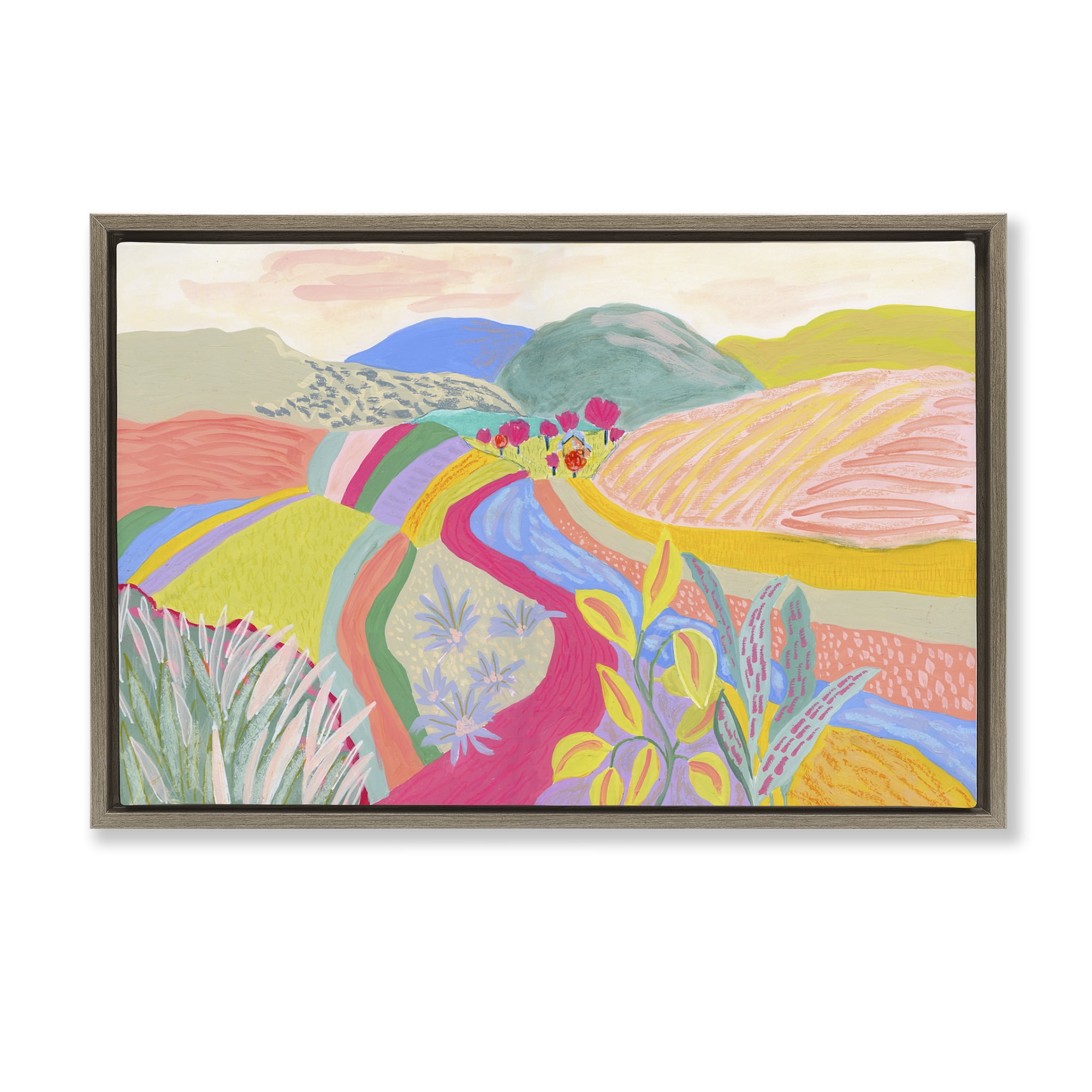 Stupell Industries Whimsical Hued Farmland Landscape & Nature Painting Brown Floater Framed Canvas Art Print Wall Art, 25 x 17