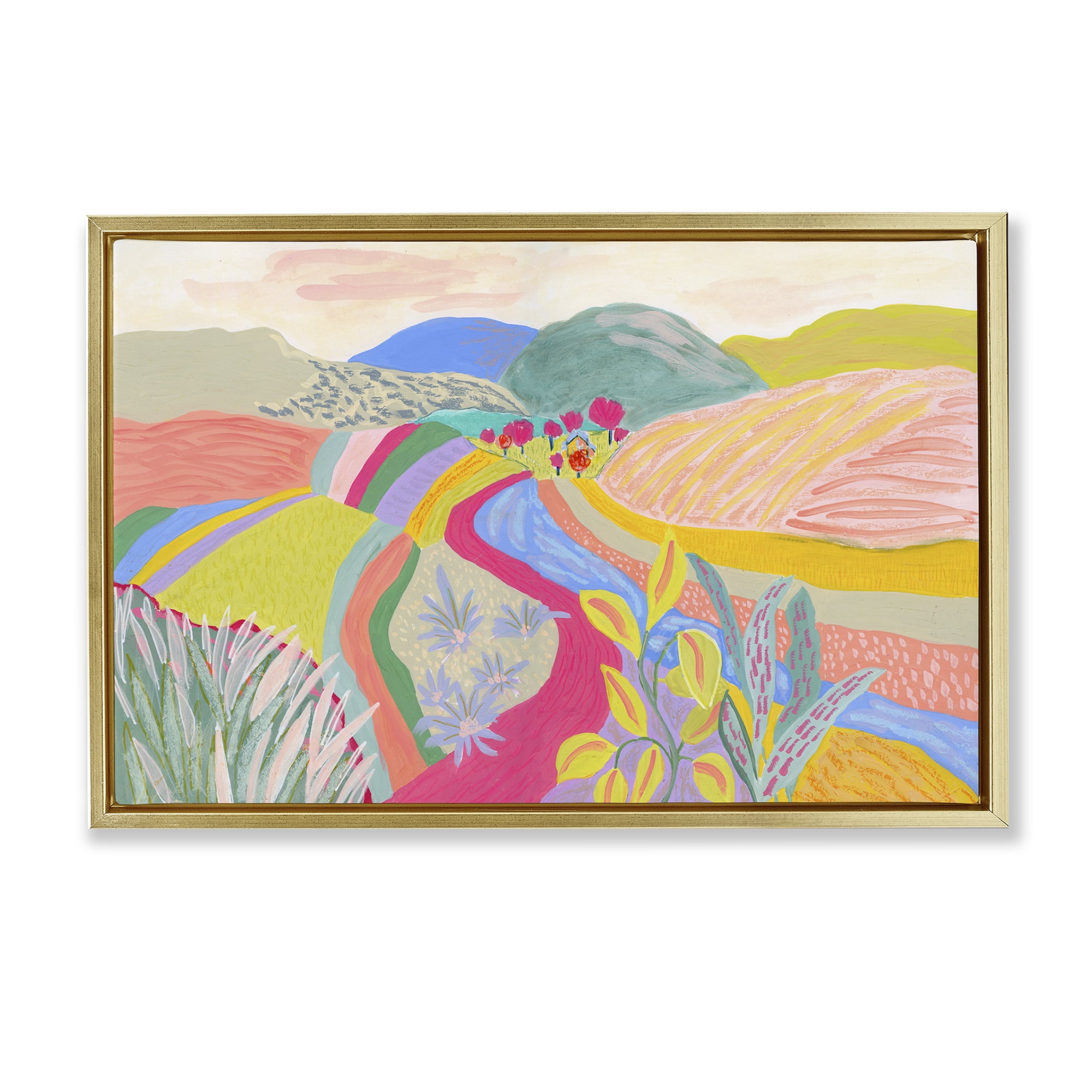 Stupell Industries Whimsical Hued Farmland Landscape & Nature Painting Gold Floater Framed Canvas Art Print Wall Art, 25 x 17