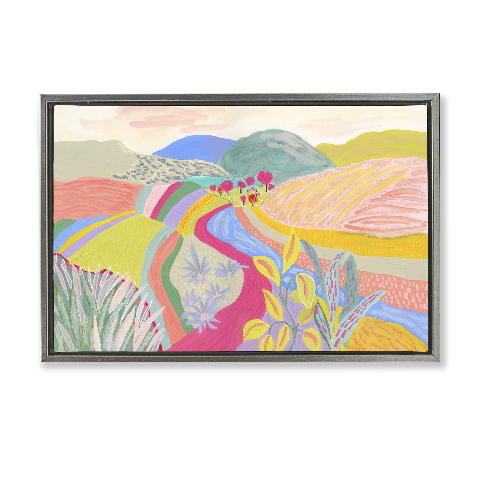 Stupell Industries Whimsical Hued Farmland Landscape & Nature Painting Gray Floater Framed Canvas Art Print Wall Art, 31 x 21
