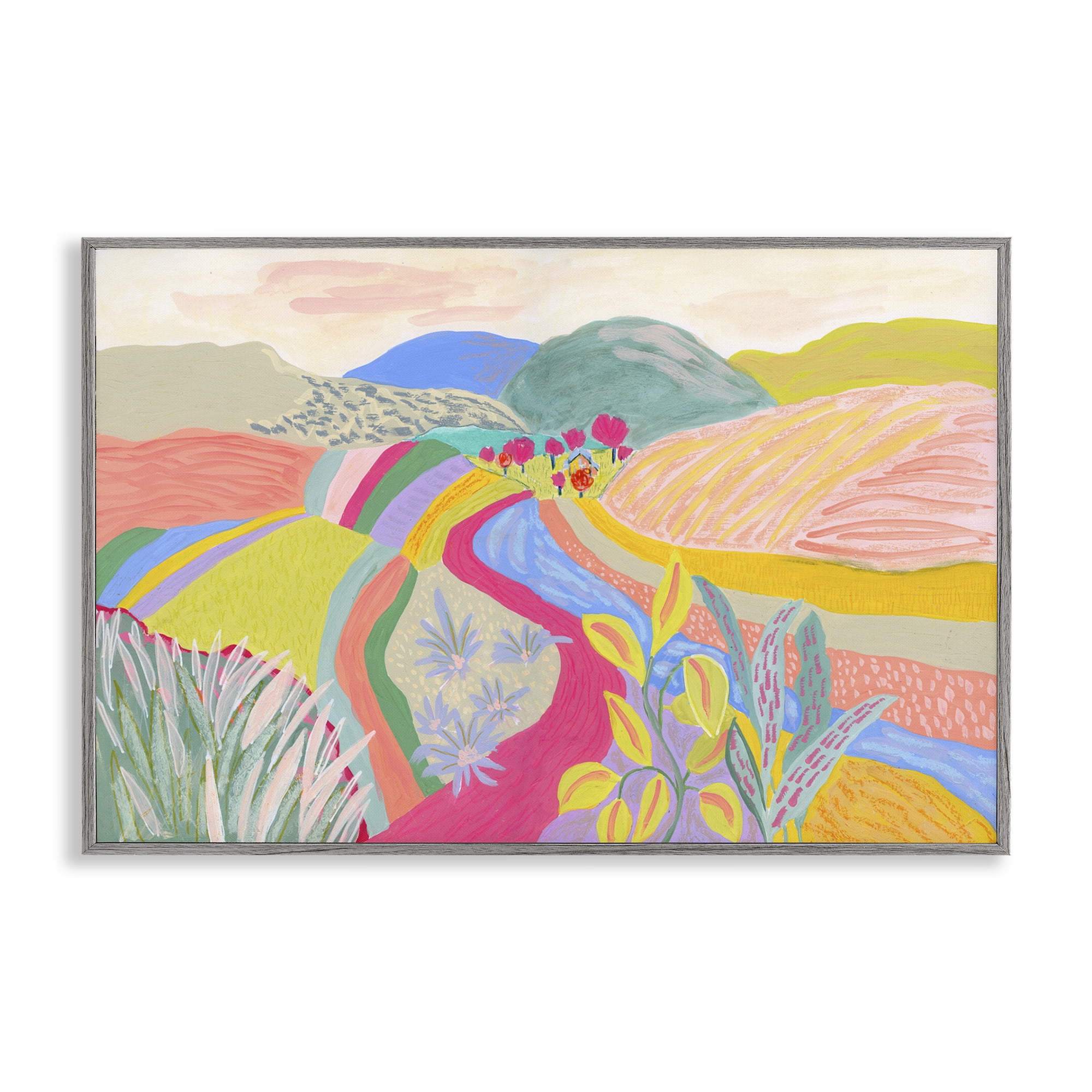 Stupell Industries Whimsical Hued Farmland Landscape & Nature Painting Gray Framed Art Print Wall Art, 24 x 16