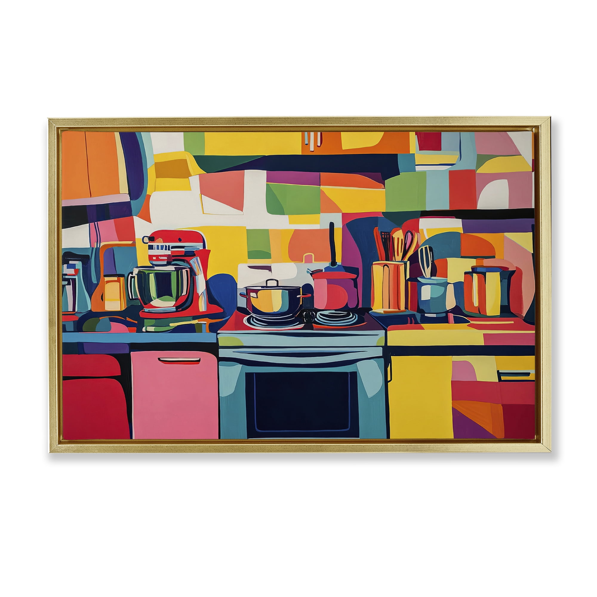 Stupell Industries Whimsical Hued Kitchen Furniture Painting Gold Floater Framed Canvas Art Print Wall Art, 25 x 17