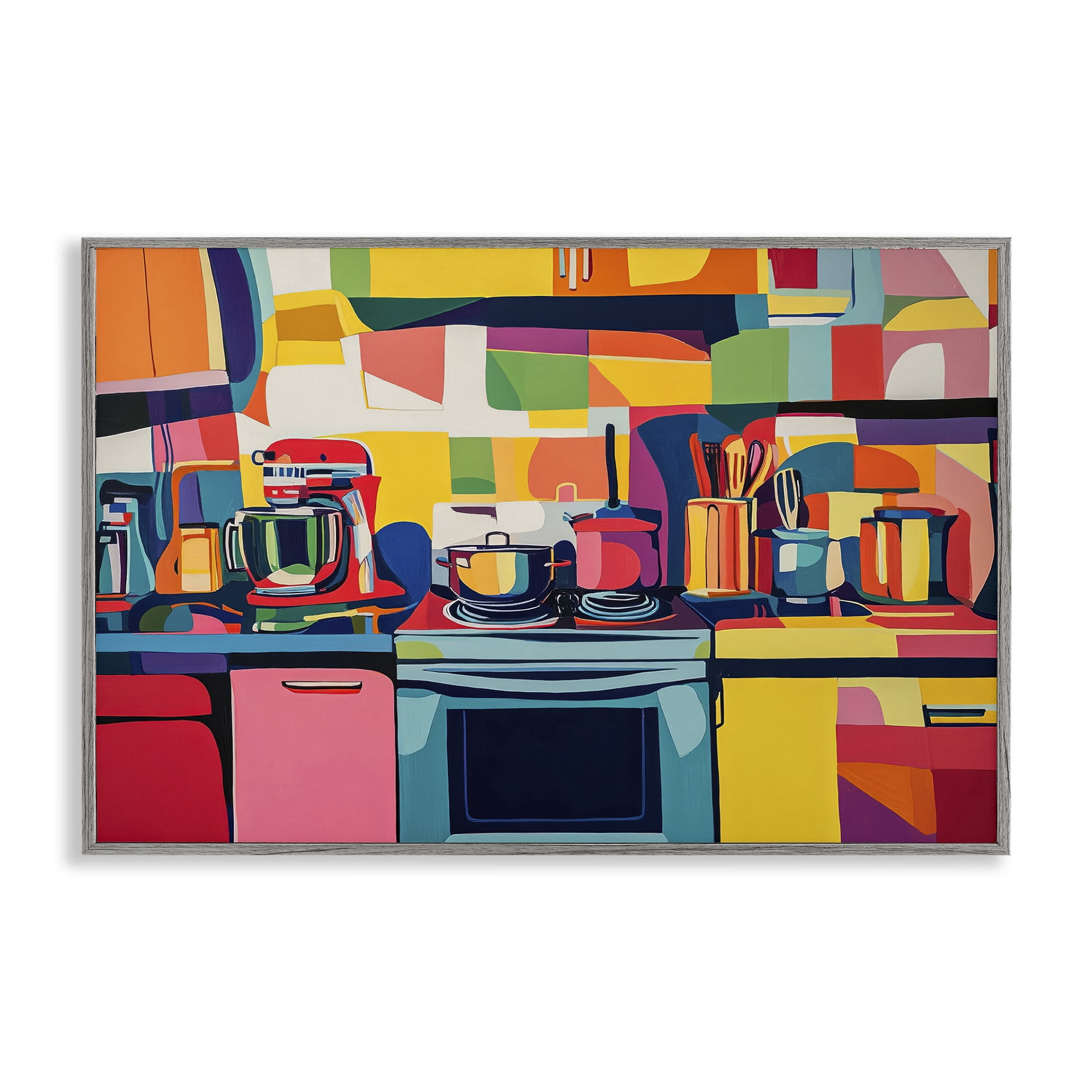 Stupell Industries Whimsical Hued Kitchen Furniture Painting Gray Framed Art Print Wall Art, 30 x 20