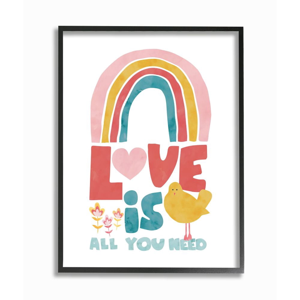 Stupell Industries Whimsical Kid's Rainbow Love Is All You Need Quote Framed Wall Art Design by Jennifer McCully, 11" x 14", Black Framed