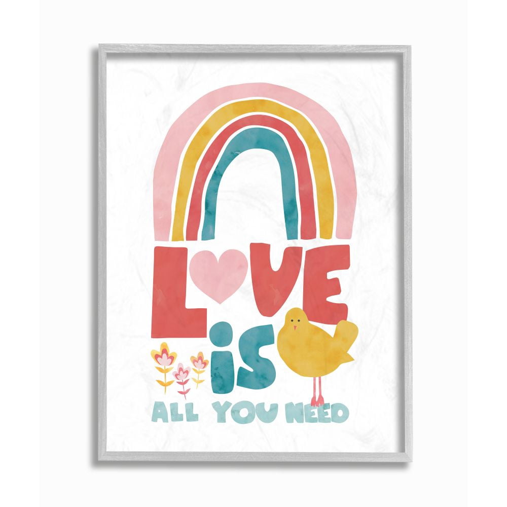 Stupell Industries Whimsical Kid's Rainbow Love Is All You Need Quote Framed Wall Art Design by Jennifer McCully, 16" x 20", Gray Framed