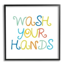 Stupell Industries Whimsical Kids Bathroom Phrase Wash Your Hands Rules Typography Painting Black Framed Art Print Wall Art, 12 x 12