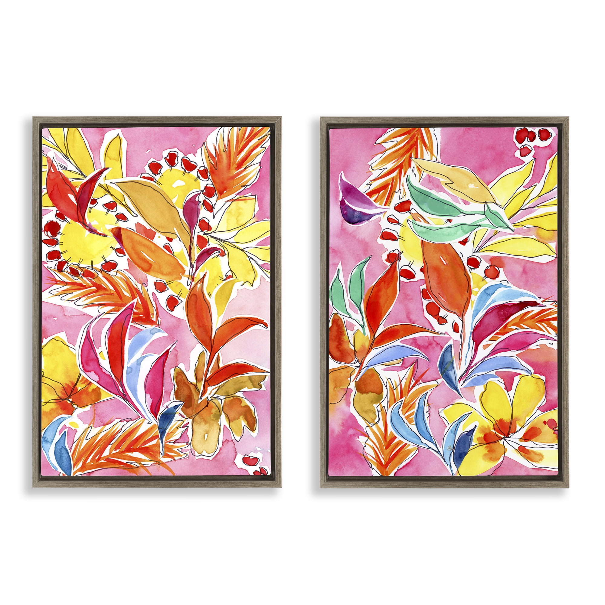 Stupell Industries Whimsical Leaf Impressions Plants & Flowers Painting Brown Floater Framed Canvas Art Print Wall Art, 21 x 31, Set of 2