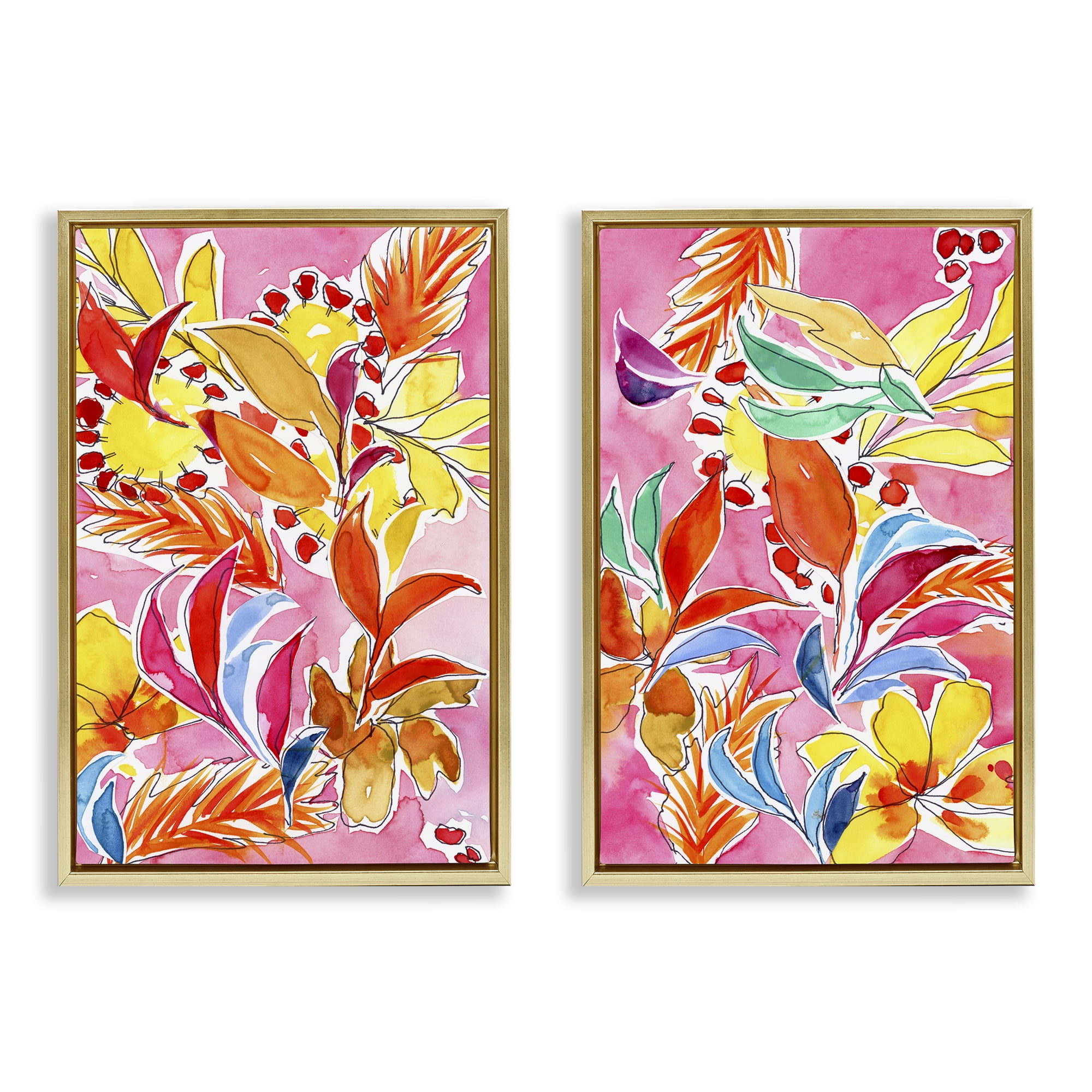 Stupell Industries Whimsical Leaf Impressions Plants & Flowers Painting Gold Floater Framed Canvas Art Print Wall Art, 21 x 31, Set of 2