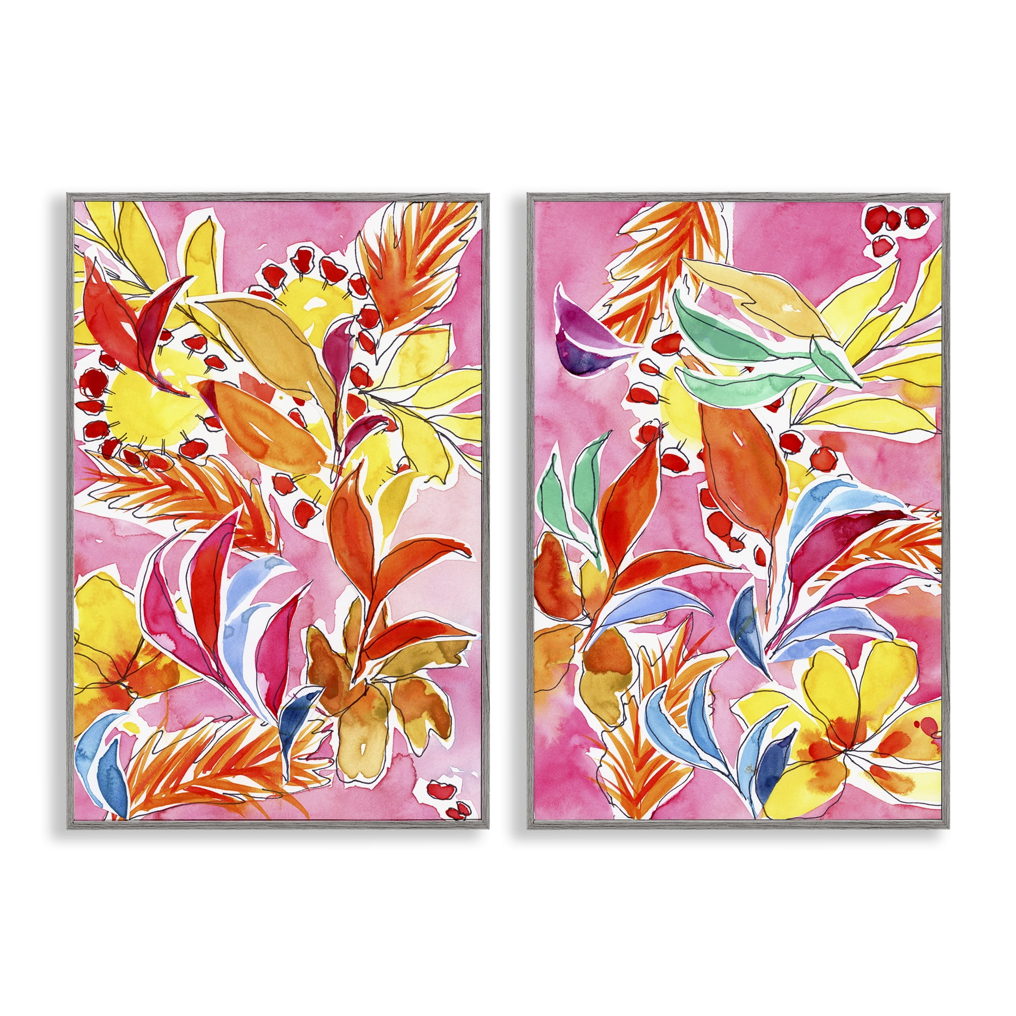 Stupell Industries Whimsical Leaf Impressions Plants & Flowers Painting Gray Framed Art Print Wall Art, 12 x 18, Set of 2