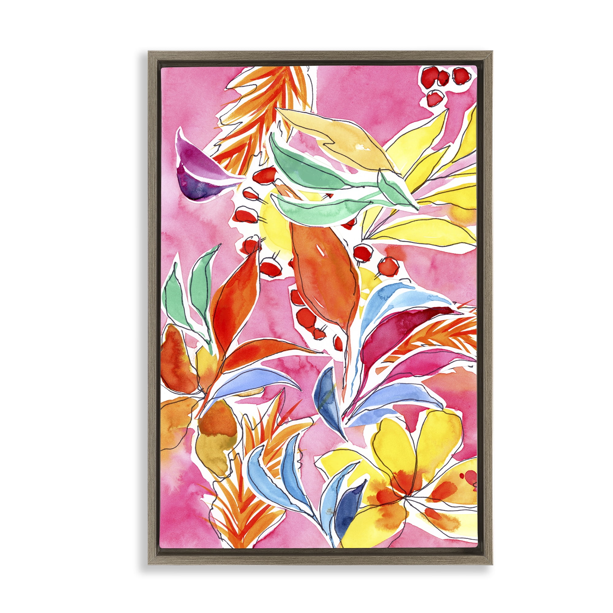 Stupell Industries Whimsical Leaves on Pink Plants & Flowers Painting Brown Floater Framed Canvas Art Print Wall Art, 21 x 31