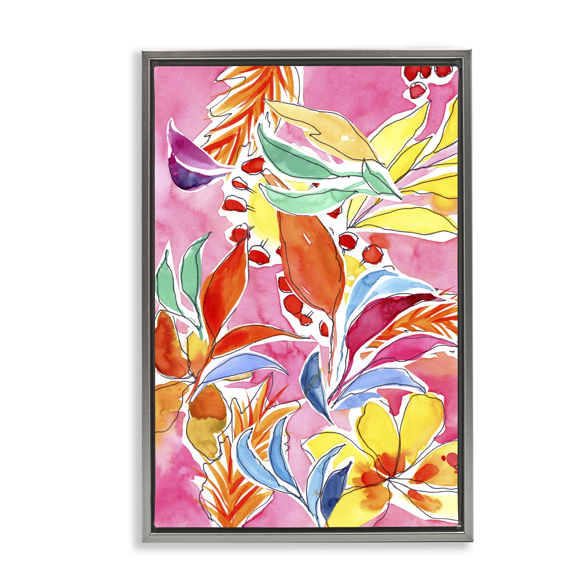 Stupell Industries Whimsical Leaves on Pink Plants & Flowers Painting Gray Floater Framed Canvas Art Print Wall Art, 17 x 25