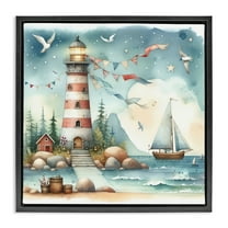 Stupell Industries Whimsical Lighthouse & Birds Nautical & Beach Painting Black Floater Framed Canvas Art Print Wall Art, 18 x 18