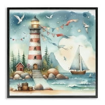 Stupell Industries Whimsical Lighthouse & Birds Nautical & Beach Painting Black Framed Art Print Wall Art, 12 x 12