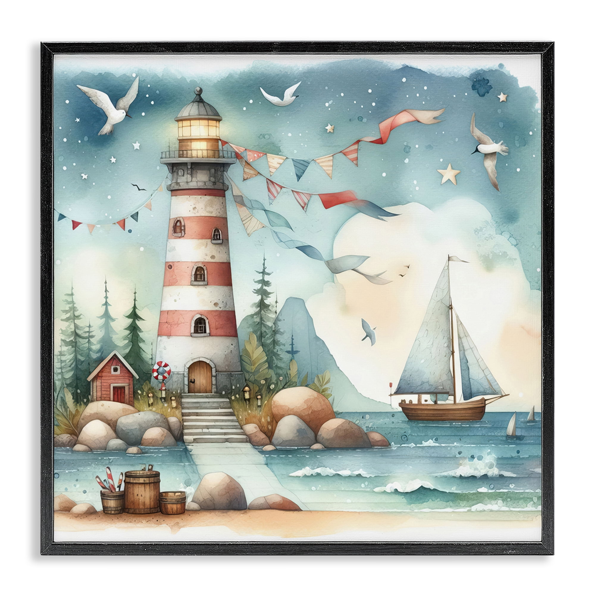 Stupell Industries Whimsical Lighthouse & Birds Nautical & Beach Painting Black Framed Art Print Wall Art, 24 x 24