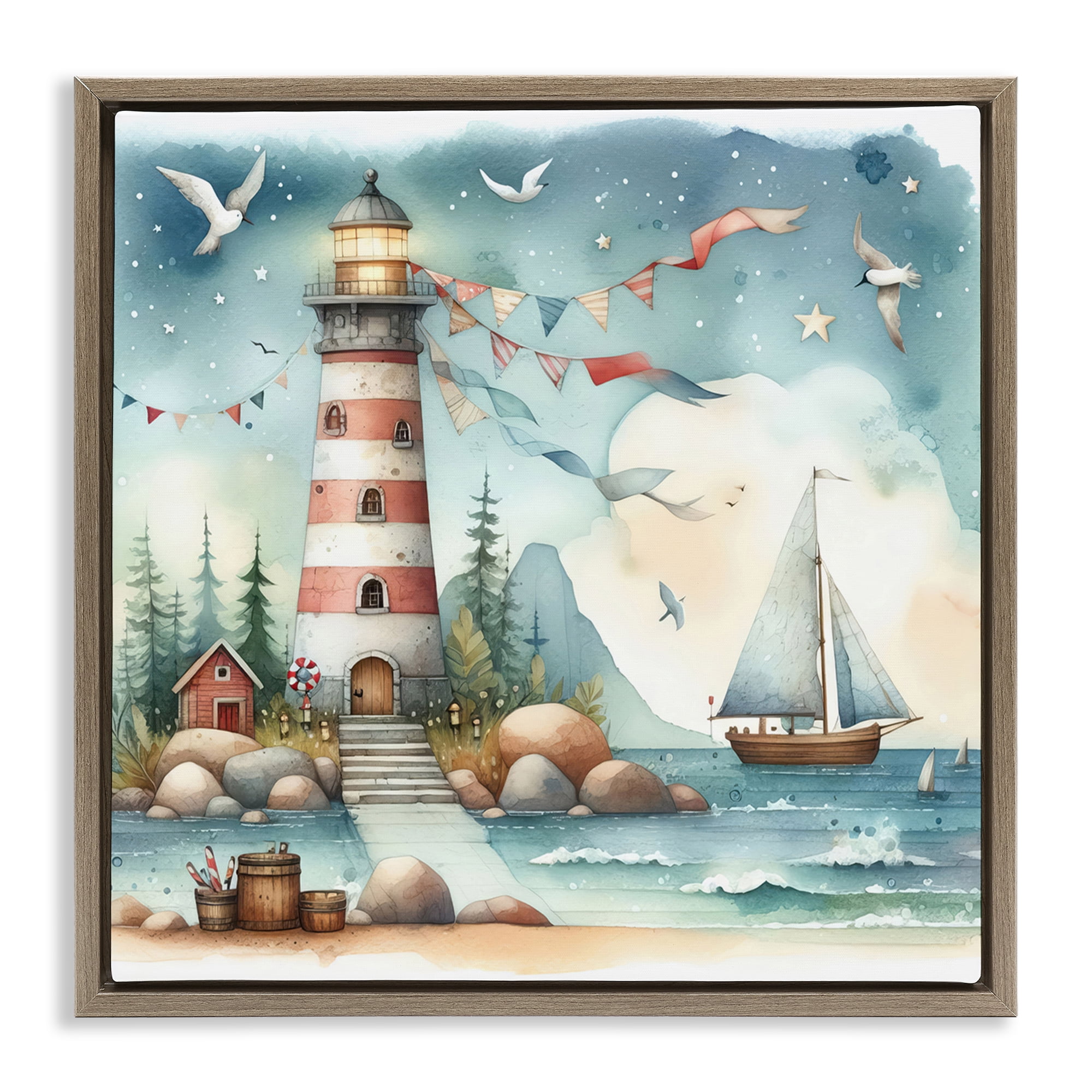 Stupell Industries Whimsical Lighthouse & Birds Nautical & Beach Painting Brown Floater Framed Canvas Art Print Wall Art, 18 x 18