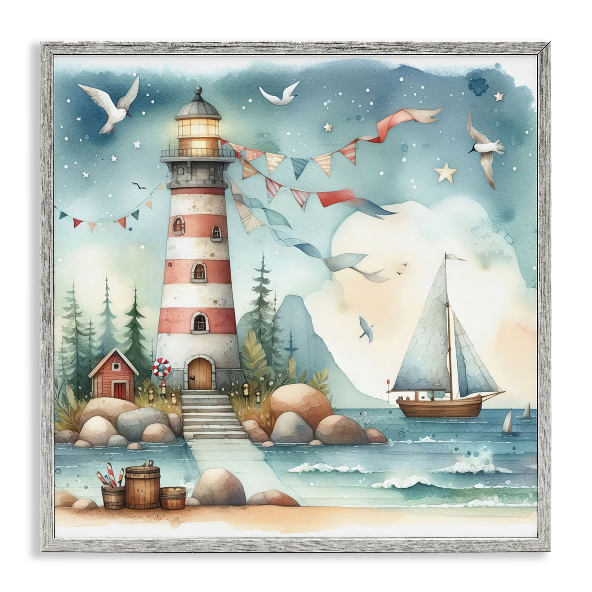 Stupell Industries Whimsical Lighthouse & Birds Nautical & Beach Painting Gray Framed Art Print Wall Art, 17 x 17