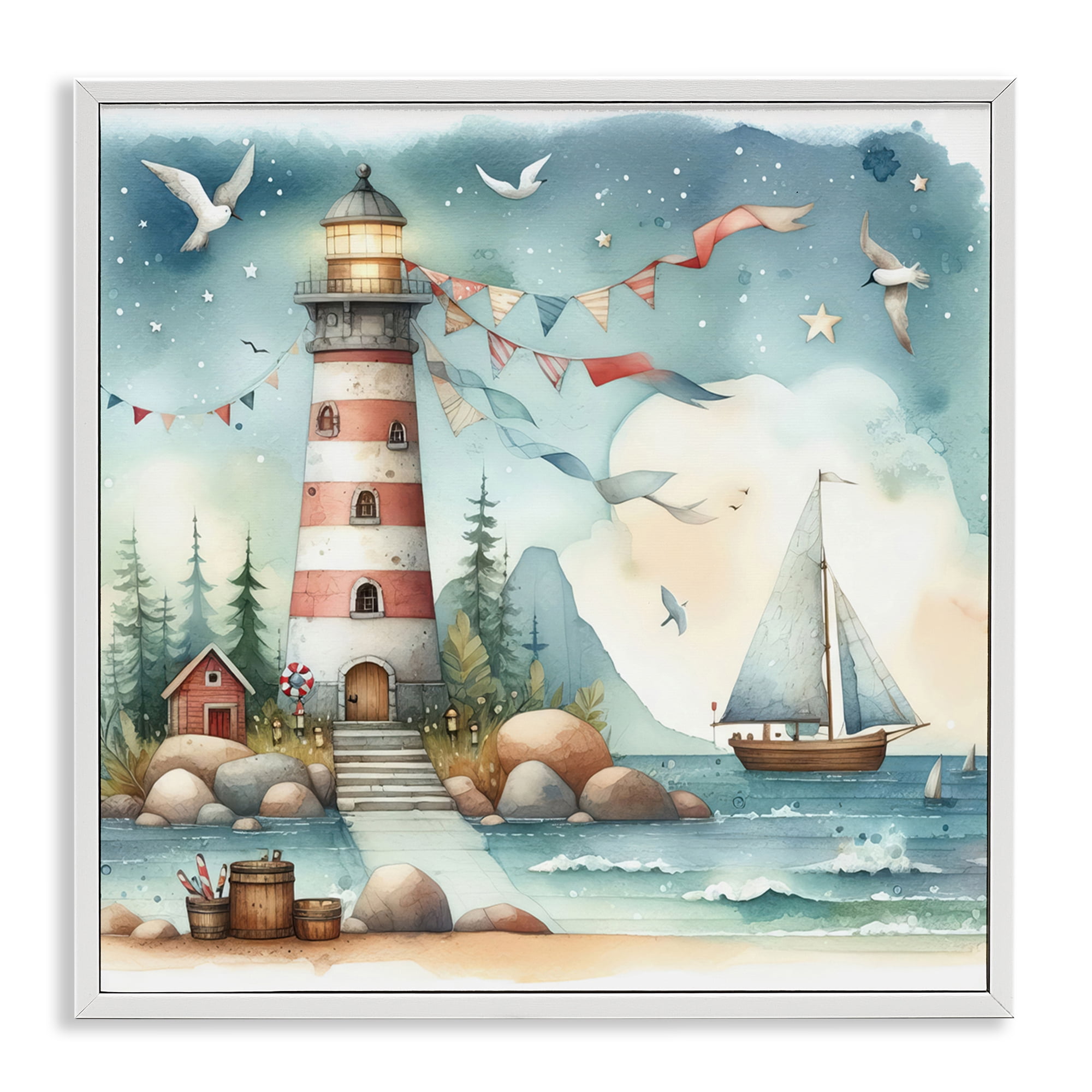 Stupell Industries Whimsical Lighthouse & Birds Nautical & Beach Painting White Framed Art Print Wall Art, 17 x 17