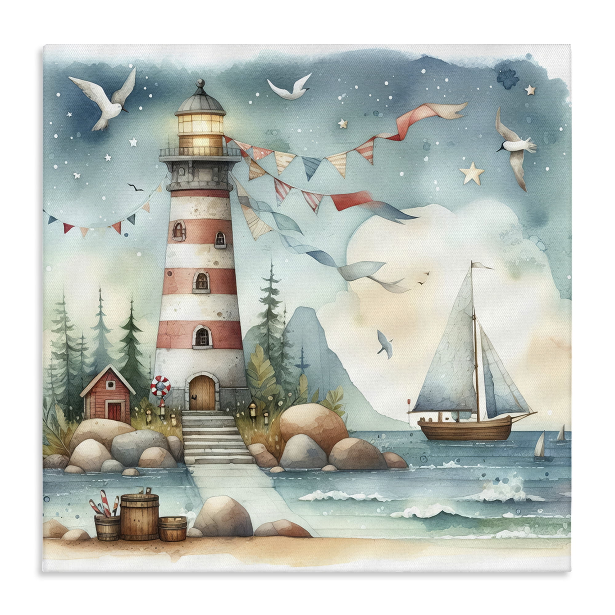Stupell Industries Whimsical Lighthouse & Birds Nautical & Beach Painting Wrapped Canvas Art Print Wall Art, 24 x 24