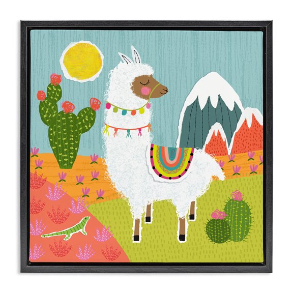Stupell Industries Whimsical Llama Scene Animals Painting Black Floater Framed Canvas Art Print Wall Art, 25 x 25