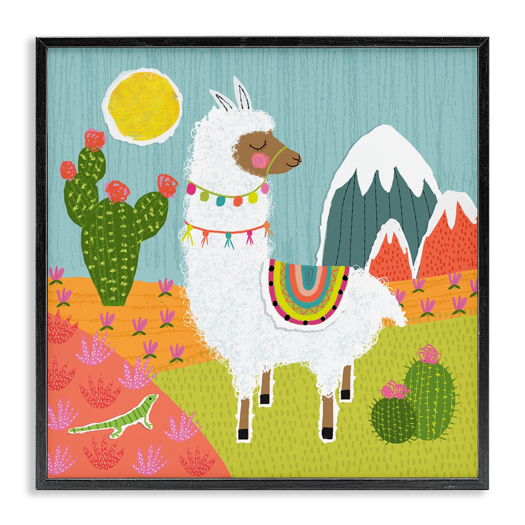 Stupell Industries Whimsical Llama Scene Animals Painting Black Framed Art Print Wall Art, 17 x 17