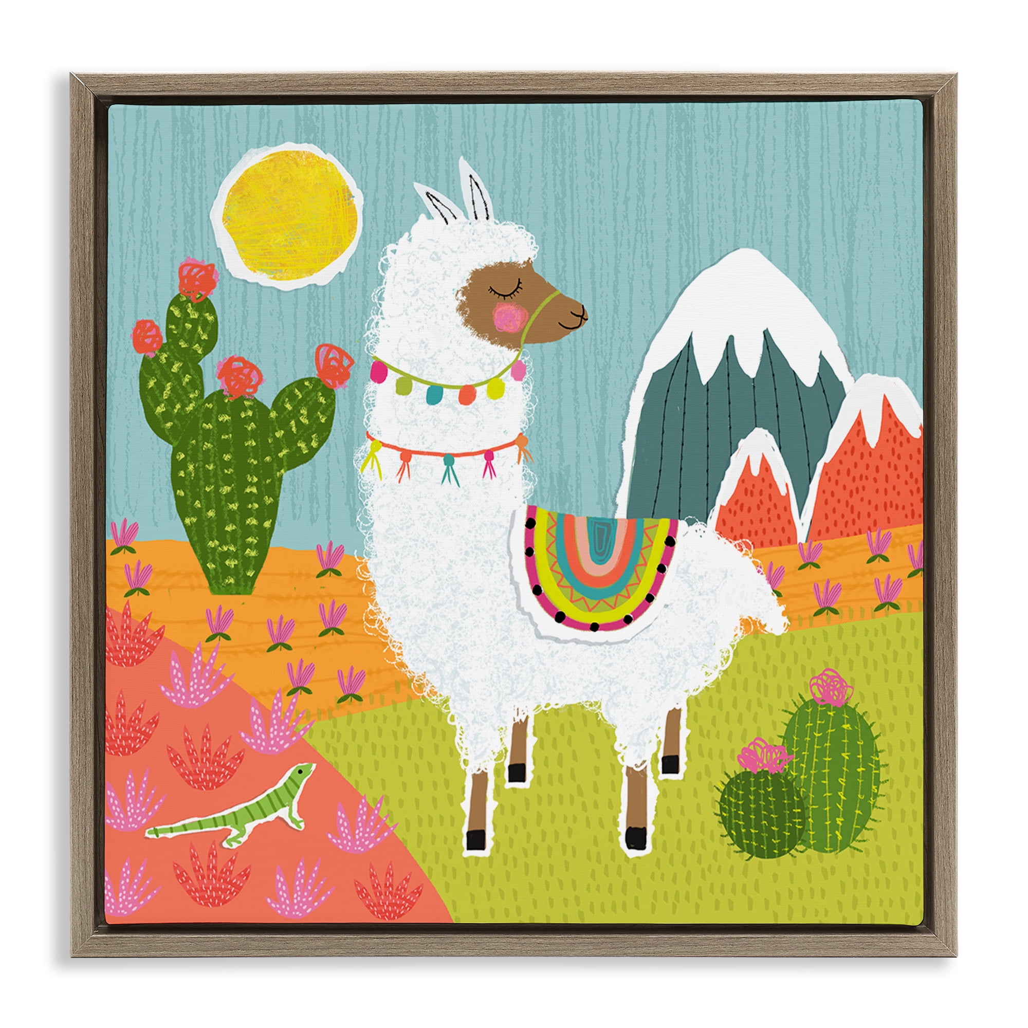 Stupell Industries Whimsical Llama Scene Animals Painting Brown Floater Framed Canvas Art Print Wall Art, 18 x 18