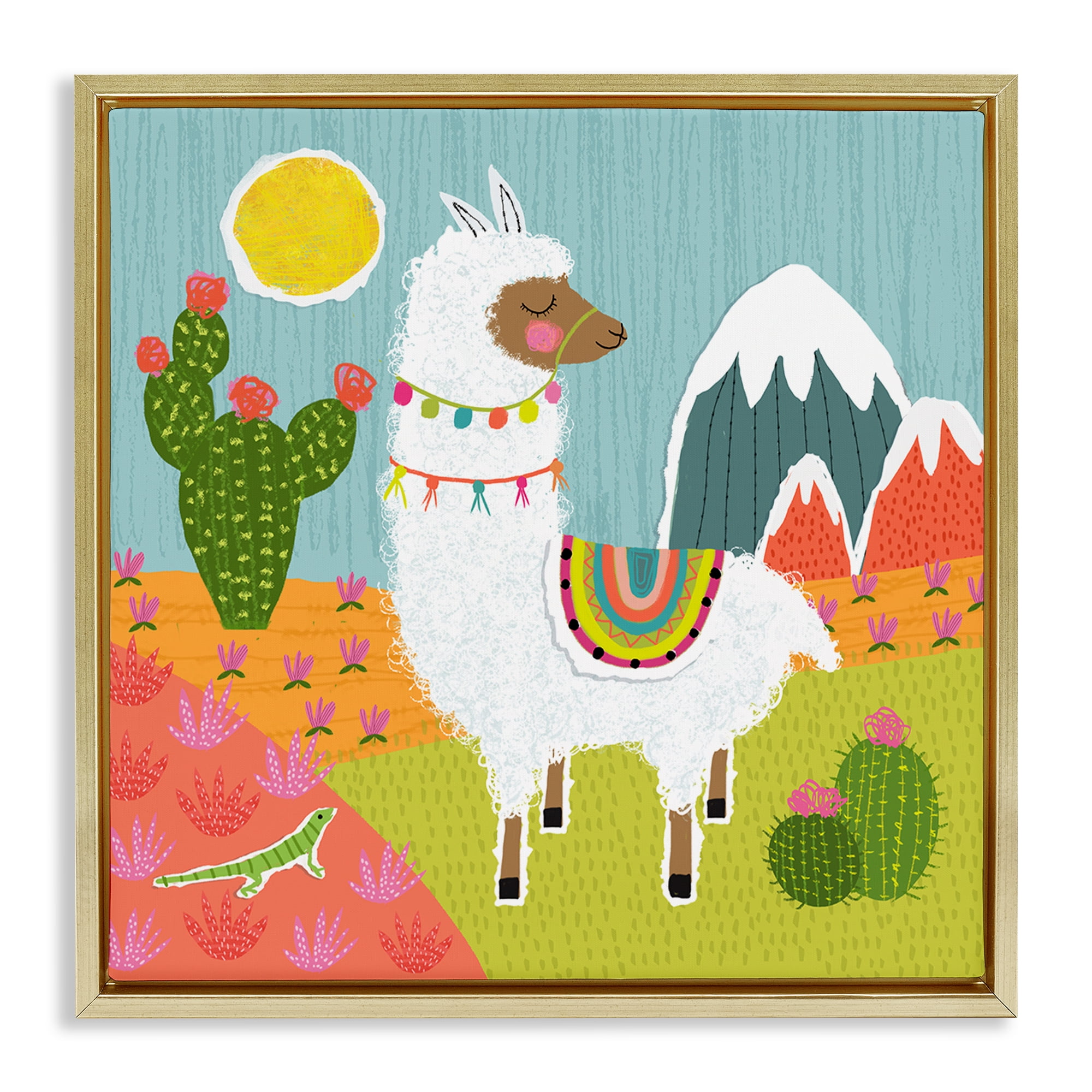 Stupell Industries Whimsical Llama Scene Animals Painting Gold Floater Framed Canvas Art Print Wall Art, 18 x 18